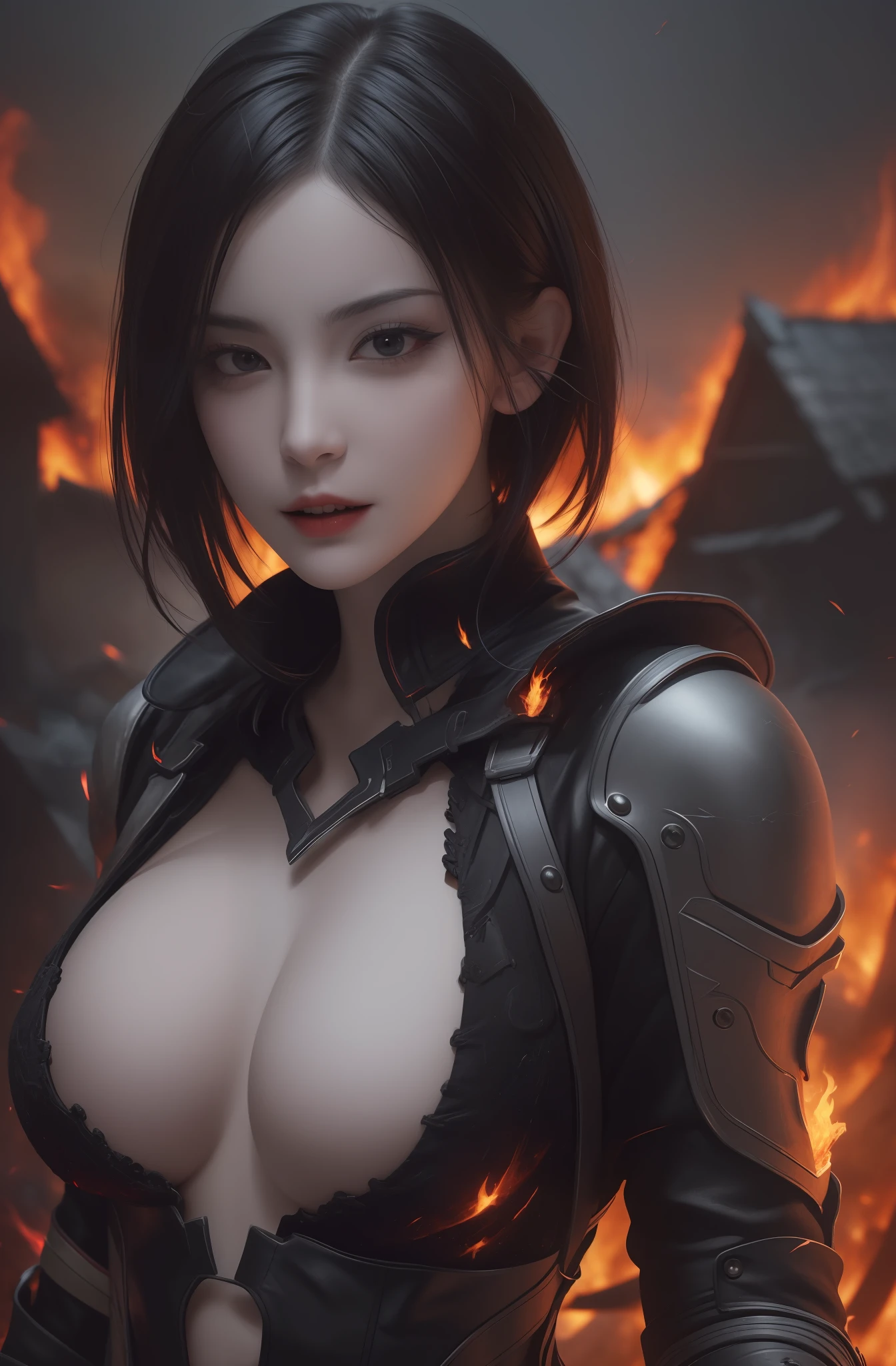 (Highly detailed 8k wallpaper) + Sexy woman vampire medium shot photo calling flames in a destroyed village, dark style, complex, high detail, dramatic, top quality masterpiece, realistic, detailed, 8k, HDR, backlit, blooming, light fire, chromatic aberration, clear focus. short hair