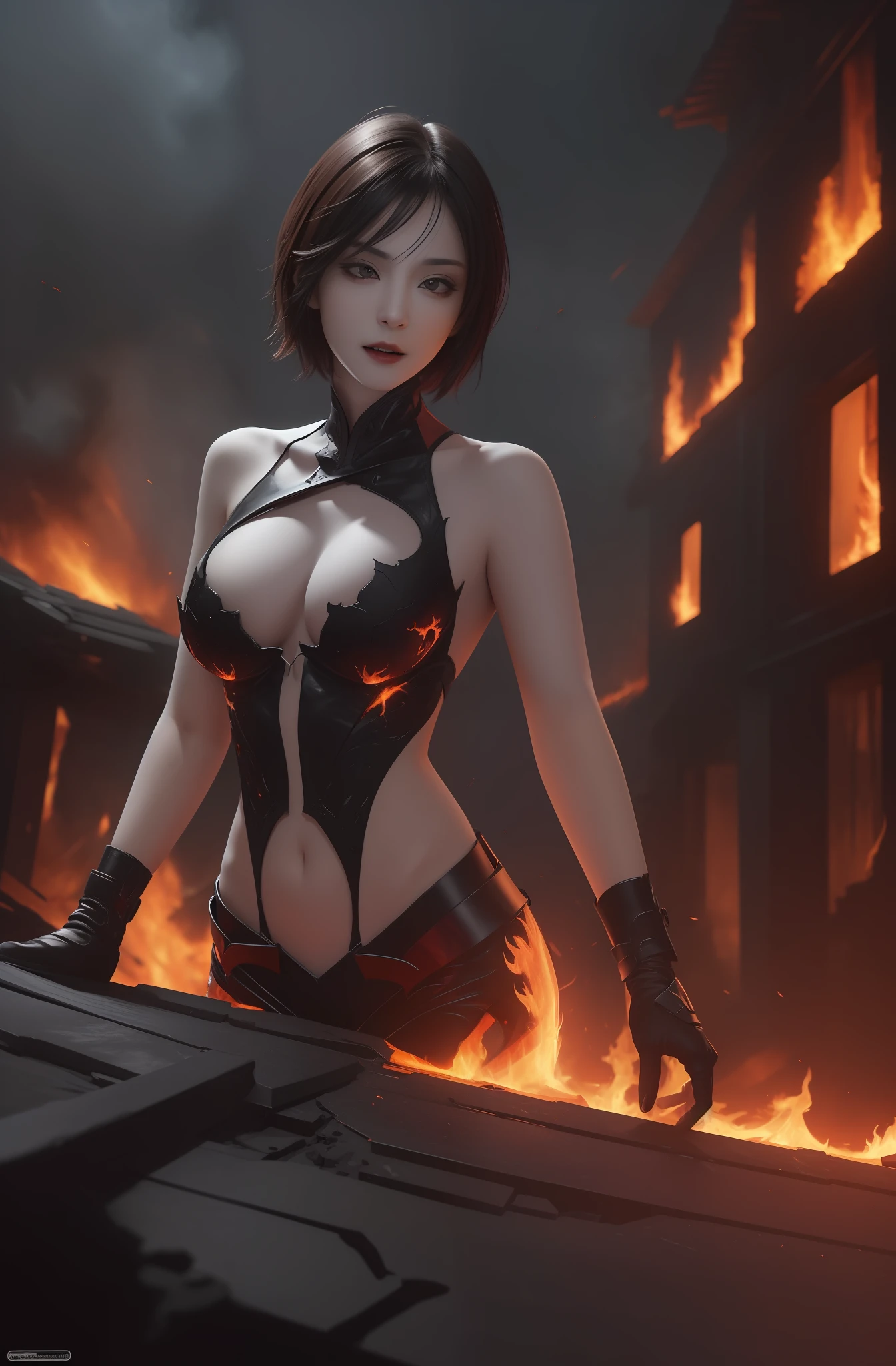 (Highly detailed 8k wallpaper) + Sexy woman vampire medium shot photo calling flames in a destroyed village, dark style, complex, high detail, dramatic, top quality masterpiece, realistic, detailed, 8k, HDR, backlit, blooming, light fire, chromatic aberration, clear focus. short hair