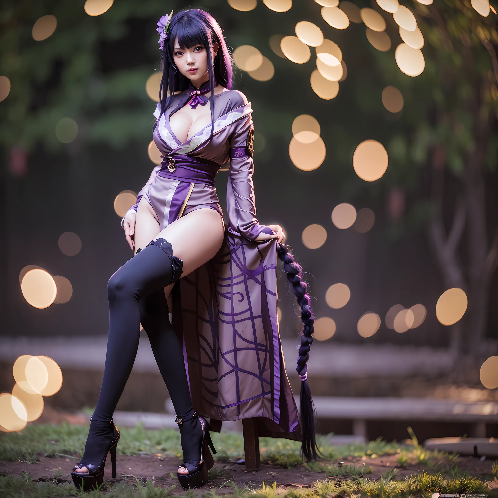 (((raw photo,8k))),(photorealistic:1.3),(masterpiece), (best quality), ultra high res, (best illustration), photon mapping,radiosity,best shadow,full-body shot,portrait,(((natural light))),backlighting,(solo:1.5),1girl,(long purple hair,single braid,blunt bangs),purple head ornament,beautiful detailed purple eyes,blush,light smile,closed mouth,medium breasts,((cleaveage cutout)),purple kimono,thighs,black thighhighs,high heels.looking at viewer,smooth,(bokeh:1.4),minecraft,forest, , photographed with a nikon d850, Nikon AF-S nikkor 58mm f/1.4G lens,