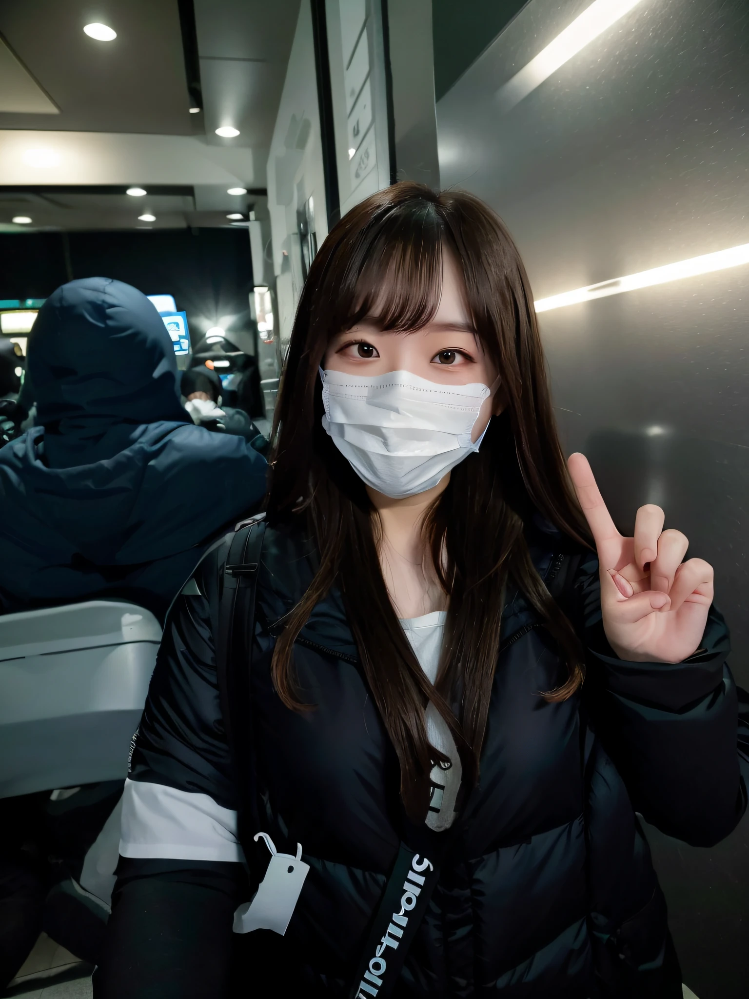 arafed woman wearing a mask and making a peace sign, wearing mask, wearing facemask, surgical mask covering mouth, korean girl, wearing a mask, no face mask, chiho, ulzzang, student, sakimichan, wearing all black mempo mask, wearing wooden mask, sakimi chan, jaeyeon nam, peacefull --auto --s2