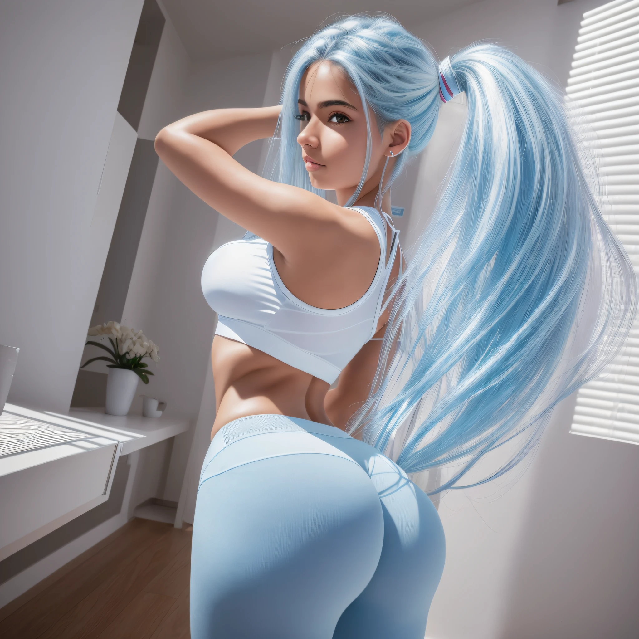 (8k, RAW photo, best quality, masterpiece: 1.2), (realistic, photo-realistic: 1.37), 1 girl, at home, professional lighting, photon mapping, radiosity, Brazilian girl, (dynamic pose), large breasts, white yoga clothes, light blue hair, (very long hair), huge ass, --auto --s2