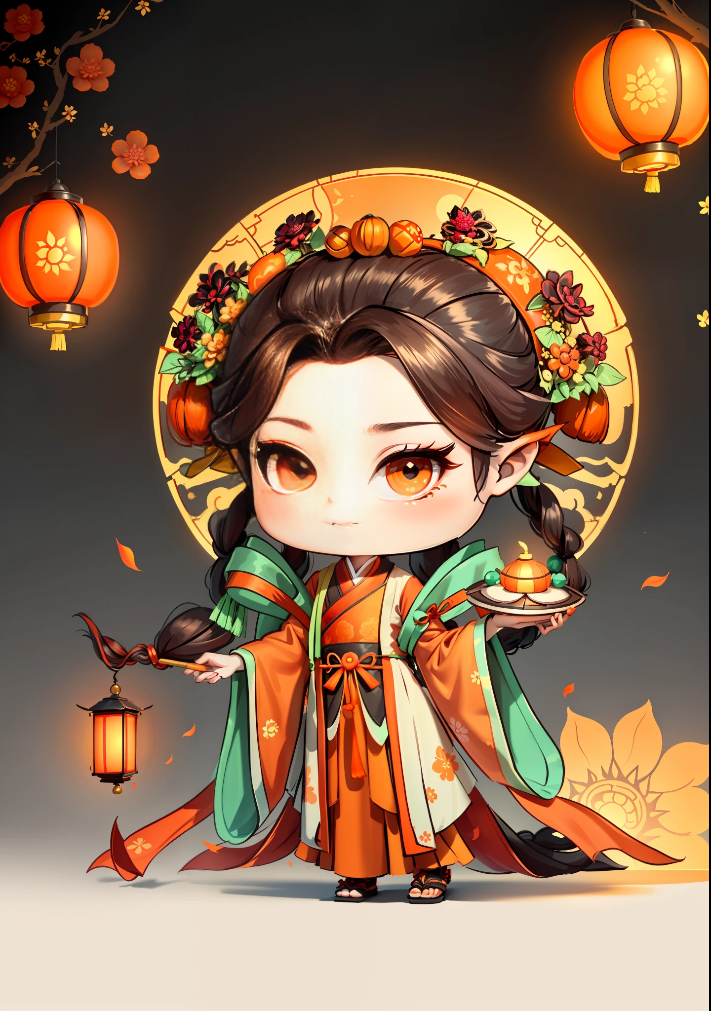 A Chinese girl in Hanfu, holding a lantern in one hand, dragging mooncakes with the other, autumn, Mid-Autumn Festival, mooncakes, dark brown hair, ancient Chinese hair bun, pattern, orange-red skirt, cyan-orange color matching, golden osmanthus flowers on both sides of the hair, some metallic flower headdresses, bright color blocks, bright colors, line art, infinite details, fine painting, exquisite portrayal, blank background 8k,