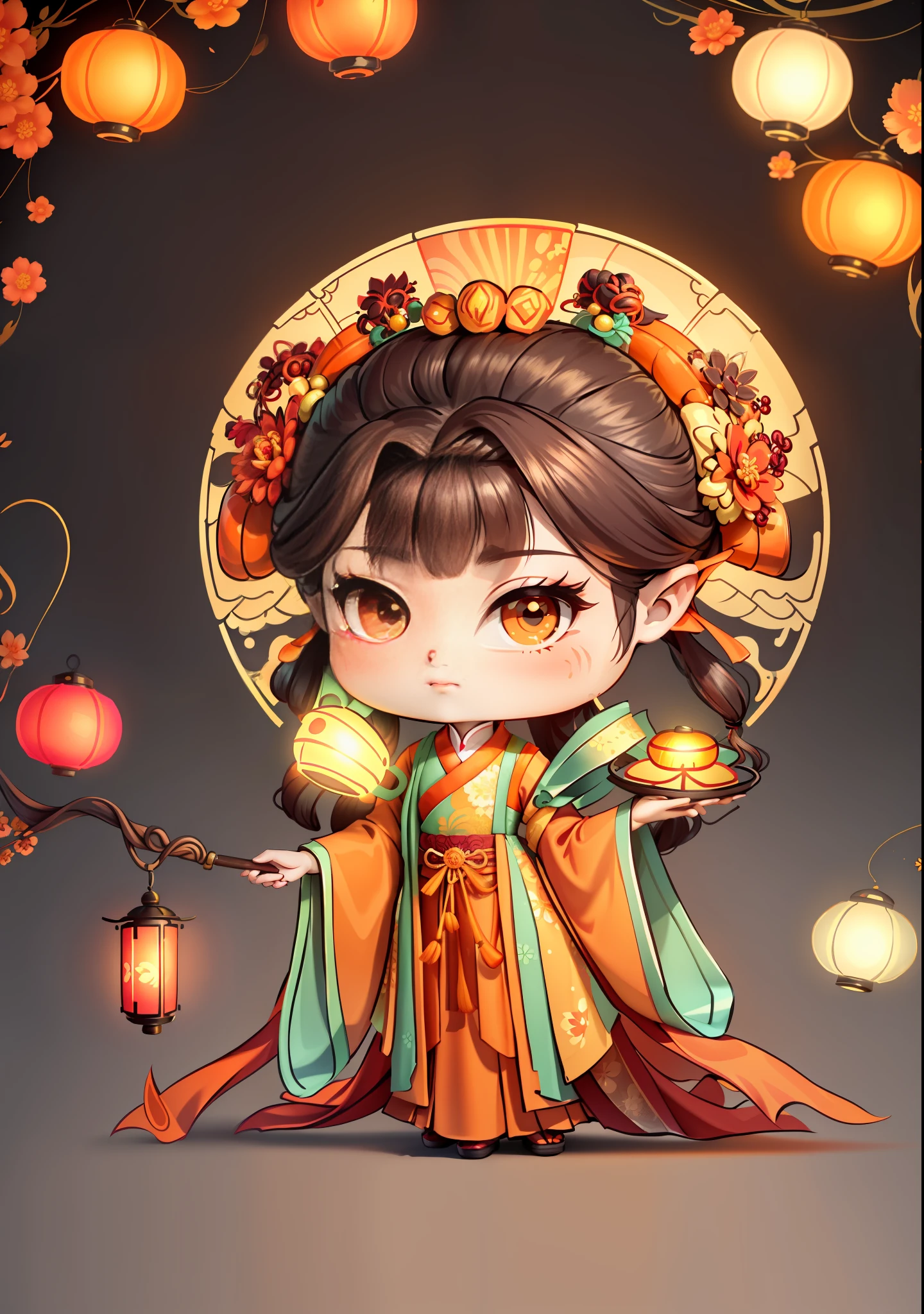 A Chinese girl in Hanfu, holding a lantern in one hand, dragging mooncakes with the other, autumn, Mid-Autumn Festival, mooncakes, dark brown hair, ancient Chinese hair bun, pattern, orange-red skirt, cyan-orange color matching, golden osmanthus flowers on both sides of the hair, some metallic flower headdresses, bright color blocks, bright colors, line art, infinite details, fine painting, exquisite portrayal, blank background 8k,