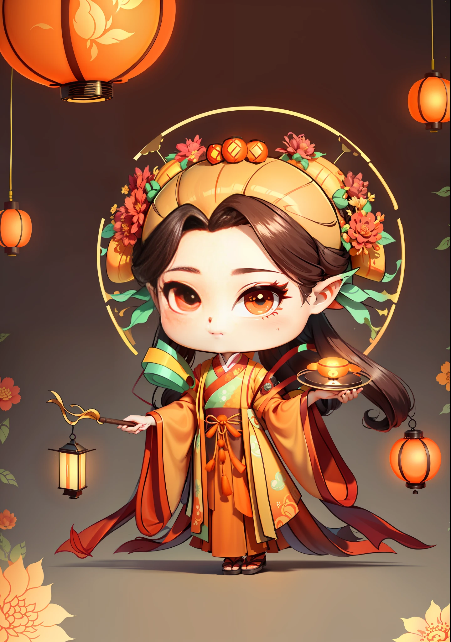 A Chinese girl in Hanfu, holding a lantern in one hand, dragging mooncakes with the other, autumn, Mid-Autumn Festival, mooncakes, dark brown hair, ancient Chinese hair bun, pattern, orange-red skirt, cyan-orange color matching, golden osmanthus flowers on both sides of the hair, some metallic flower headdresses, bright color blocks, bright colors, line art, infinite details, fine painting, exquisite portrayal, blank background 8k,