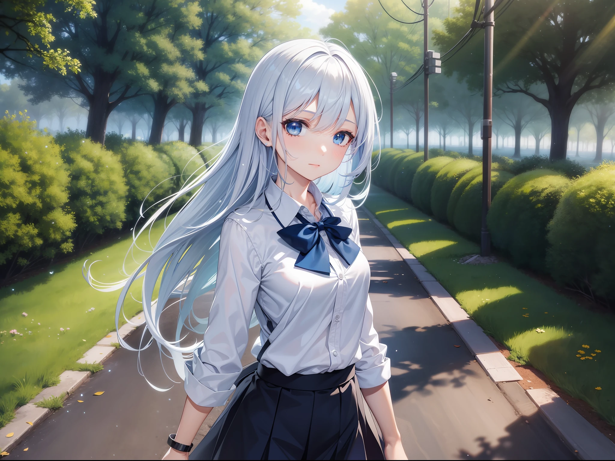 a beautiful female, walk on the schoo road, the girl flicks her long gair wearing school uniform, two side of trees besid the road, wind blow, paddle of water on the ground, a drip of water drop from the tress, pieces of levies fall down, long hair, gradient hair, blue hair, silver hair, black hair, cowboy shot, first-person view, ray tracing, reflection light, anime style, masterpiece, high quality, anatomically correct, ccurate, super detail, UHD, HD