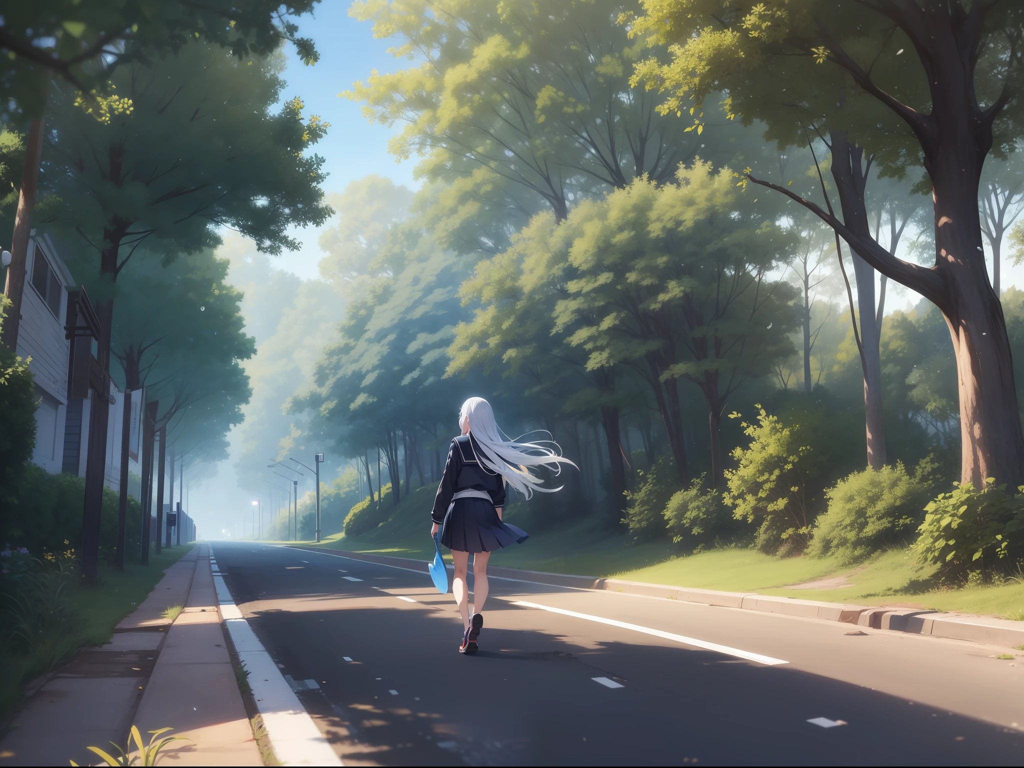 a beautiful female, walk on the schoo road, the girl flicks her long gair wearing school uniform, two side of trees besid the road, wind blow, paddle of water on the ground, a drip of water drop from the tress, pieces of levies fall down, long hair, gradient hair, blue hair, silver hair, black hair, cowboy shot, first-person view, ray tracing, reflection light, anime style, masterpiece, high quality, anatomically correct, ccurate, super detail, UHD, HD