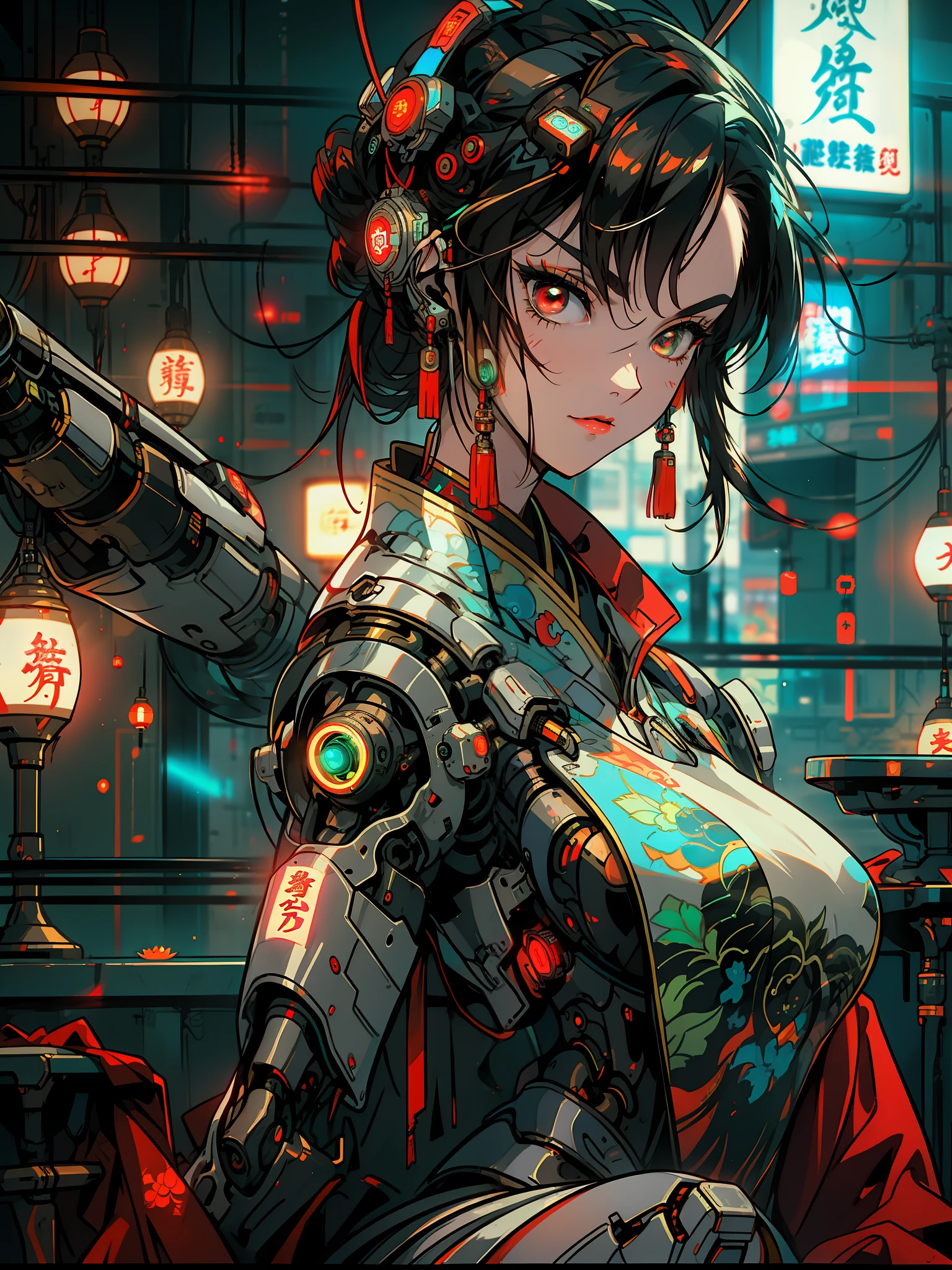 cyberhanfu,cheongsam,robot, female cyborg, busy cyberpunk tea house, robotic patrons, dim lighting, neon signs,fcPortrait