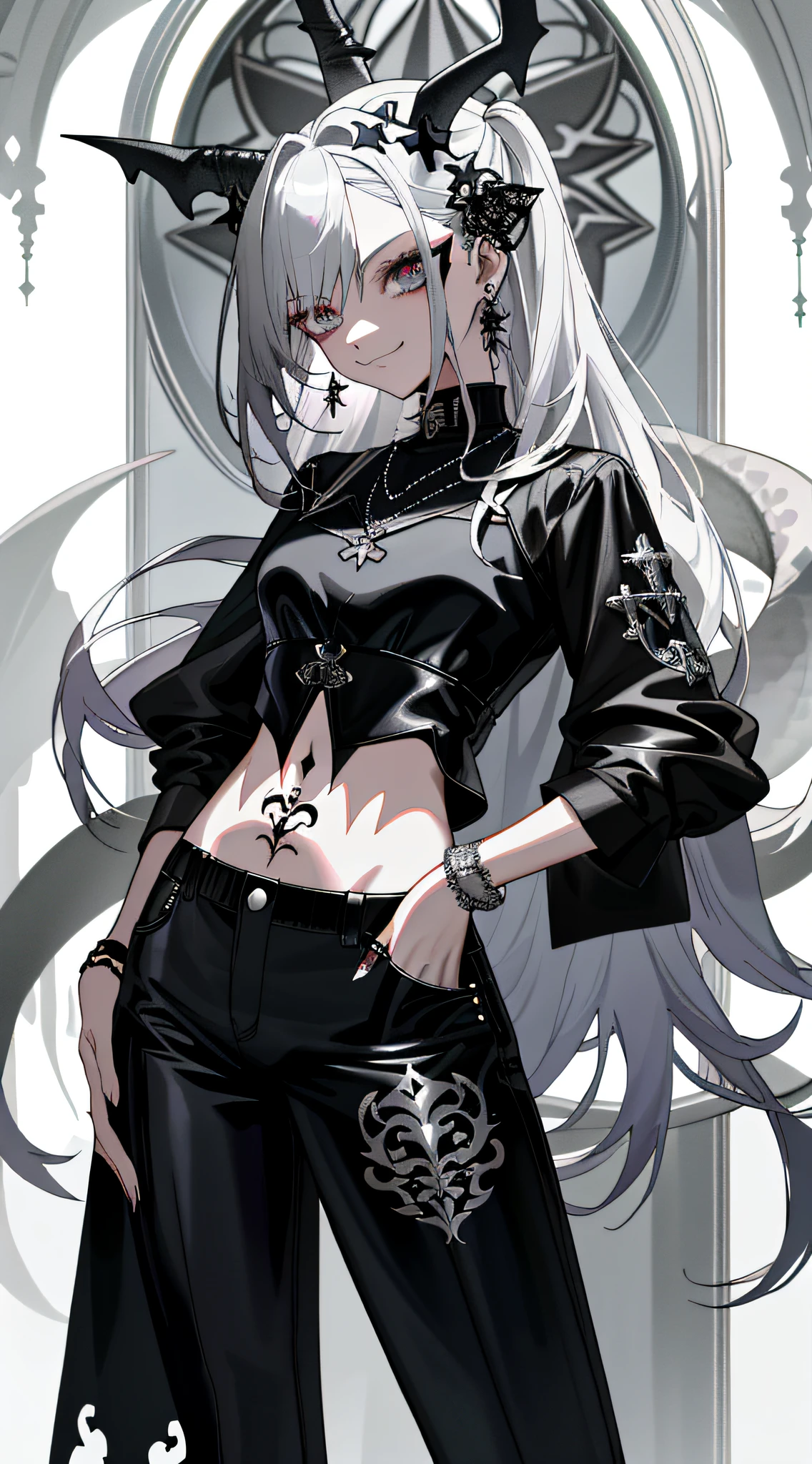 Masterpiece, high quality, rich details, anime girl with long hair and tattoos, 1 7 - anime gothic girl, detailed anime character art, gothic shoujo anime girl, full body art, he wears silver-black mirrored leather trousers, tattoo-like style, wears an open-belly short outfit, decorated with a snake as a symbol, this figure has long silver-white hair and looks very cool, church background, has a little devilish atmosphere, gothic girl aesthetics, badass look, evil smile, neo-gothic, with rings, bracelets, earrings and necklaces