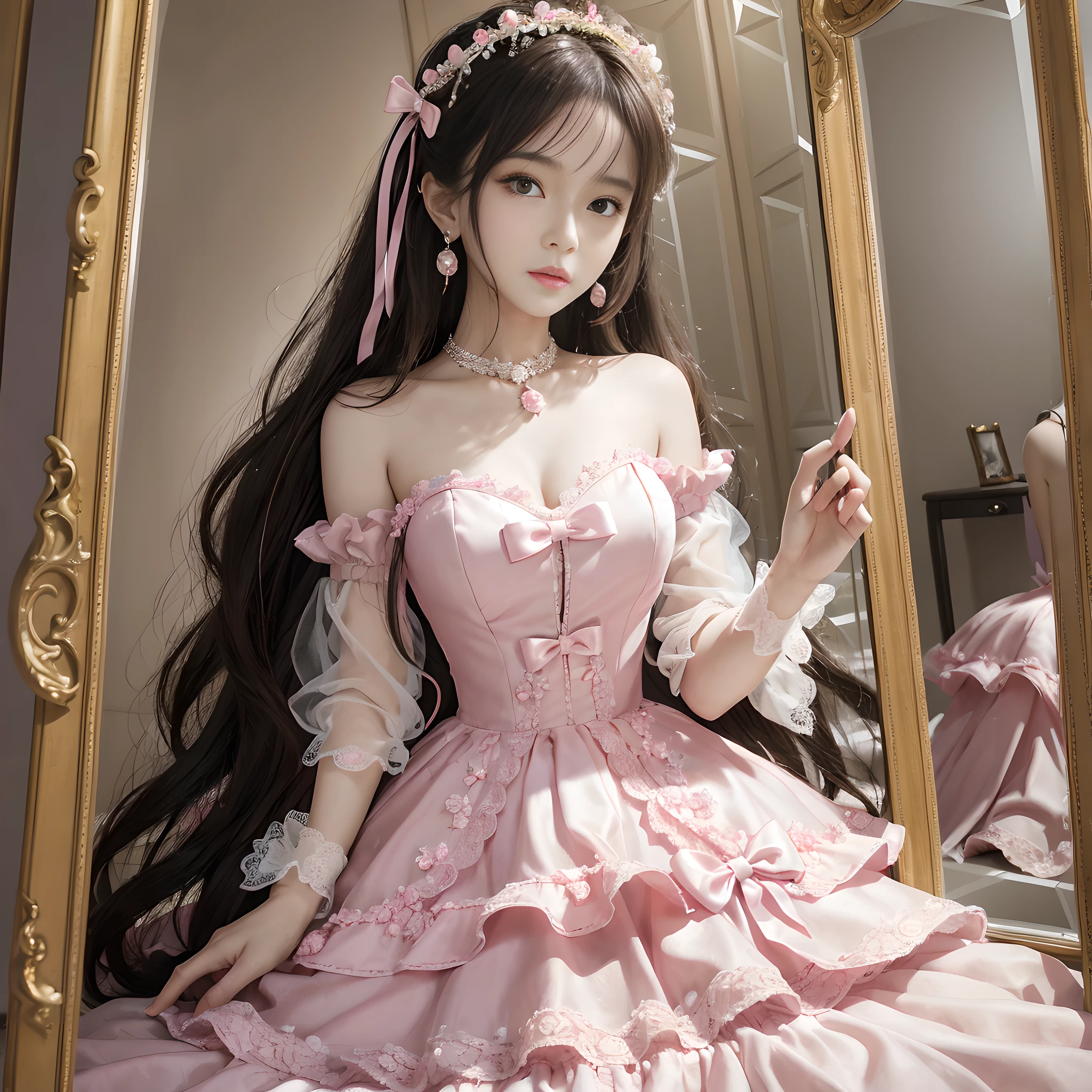 ((Realistic lighting, top quality, 8K, Masterpiece: 1.3)), Clear Focus: 1.2, 1Woman, Perfect Beauty: 1.4, Yushuxin, 1Girl, Dress, Solo, Brunette, Jewelry, Long Hair, Earrings, Bow, Pink Dress, Wood, Nature, Outdoor, Bare Shoulder, Airless Gainsboro, Long Dress, Hair Bow, Forest, Pink Bow,Strapless, Standing, Necklace, Head Tilt, Chapped Lips, Wavy Hair, Strapless Dress,Lace Sleeves, cetin dress,Close-up woman in pink dress posing for photo,beautiful maiden,beautiful korean woman, beautiful princess, cute elegant pose, bell delphine, wearing pink dress, beautiful fantasy maiden, anime princess, beautiful seductive anime woman,beautiful asian girl, attractive anime girl, elegant glamorous cosplay,(in the room of mirrors:1.8),(beautiful orb-articulated doll:1.3),luxurious princess dress,