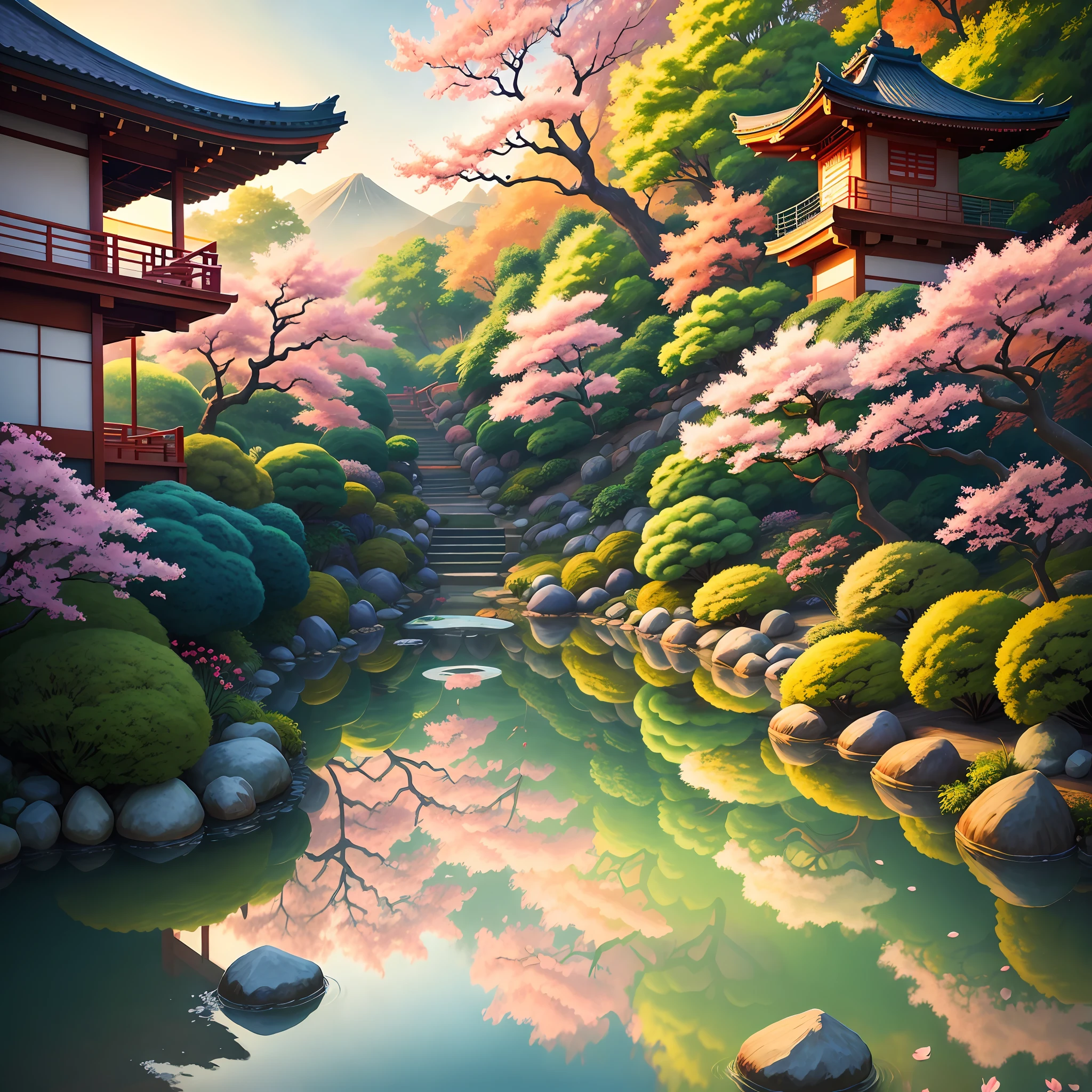 (digital painting),(best quality), serene Japanese garden, cherry blossoms in full bloom, koi pond, footbridge, pagoda, Ukiyo-e art style, Hokusai inspiration, Deviant Art popular, 8k ultra-realistic, pastel color scheme, soft lighting, golden hour, tranquil atmosphere, landscape orientation