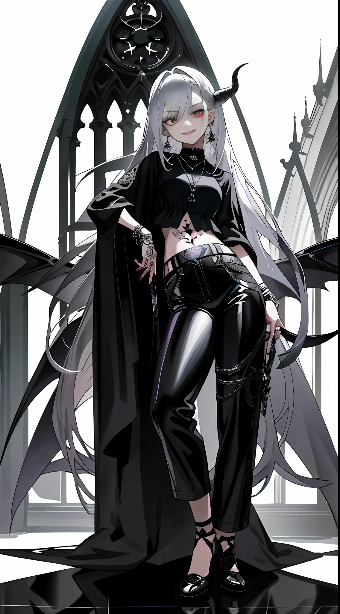 Masterpiece, high quality, rich details, anime girl with long hair and tattoos, 1 7 years old - anime gothic girl, detailed anime character art, gothic shoujo anime girl, full body art, he wears silver-black mirrored leather trousers, tattoo-like style, wears an open-belly short outfit, decorated with a snake as a symbol, this figure has long silver-white hair and looks very cool, church background, has a little devilish atmosphere, gothic girl aesthetics, badass look, evil smile, neo-gothic, with rings, bracelets, earrings and necklaces