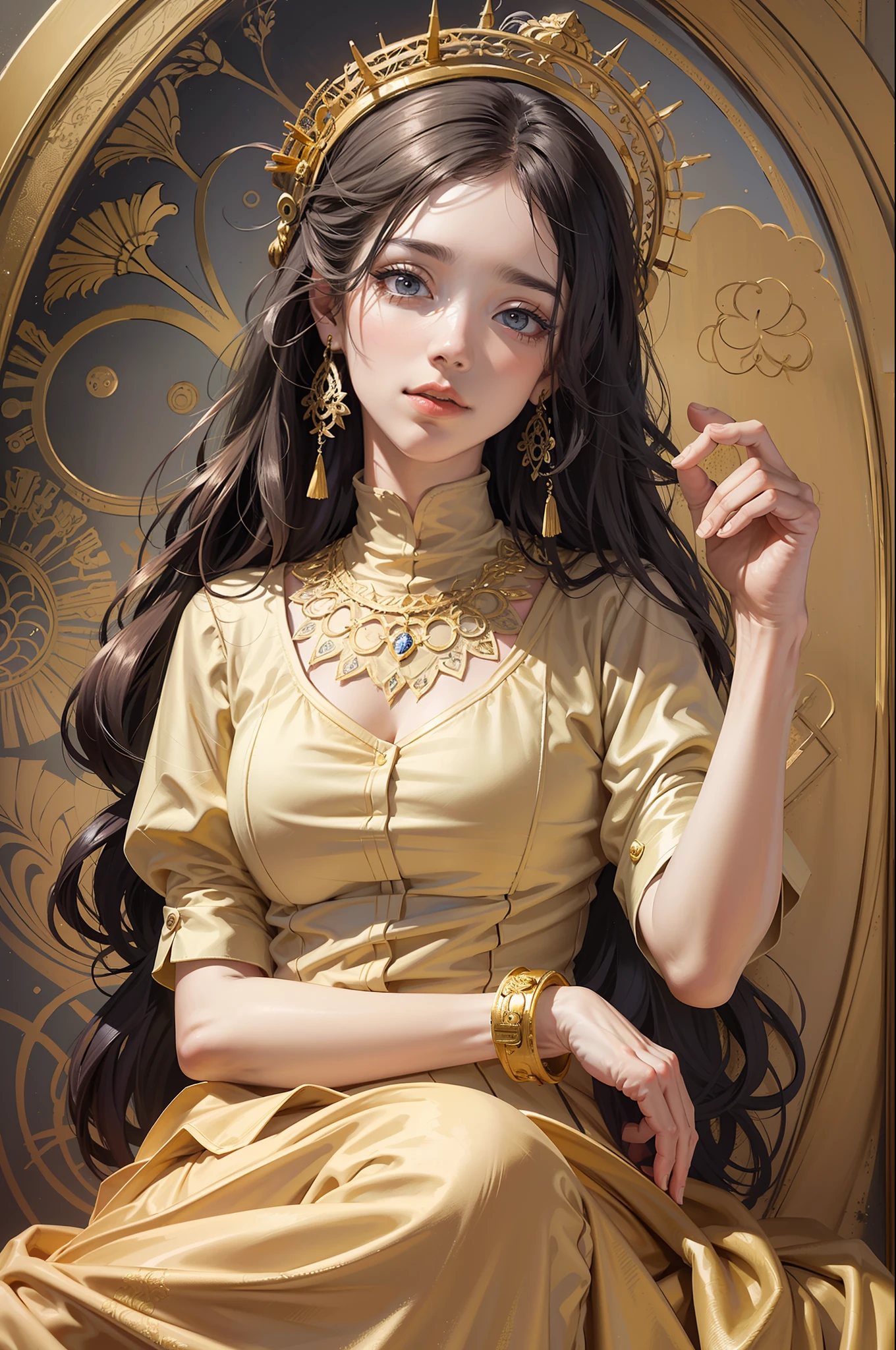 (masterpiece, top quality, best quality, official art, beautiful and aesthetic:1.2), (1girl), extreme detailed,colorful,highest detailed, official art, unity 8k wallpaper, ultra detailed, beautiful and aesthetic, beautiful, masterpiece, best quality, (zentangle, mandala, tangle, entangle) ,holy light,gold foil,gold leaf art,glitter drawing, PerfectNwsjMajic