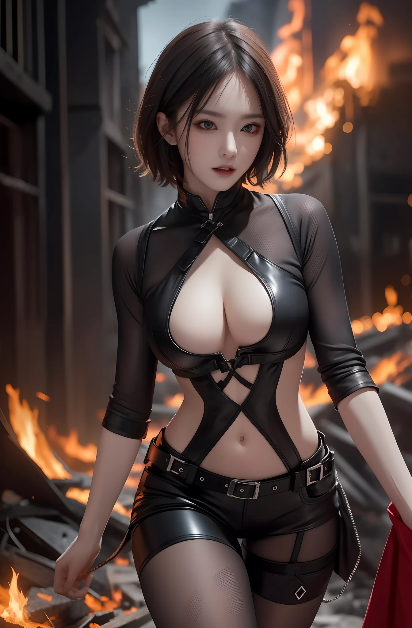 (Highly detailed 8k wallpaper) + Sexy woman vampire medium shot photo calling flames in a destroyed village, dark style, complex, high detail, dramatic, top quality masterpiece, realistic, detailed, 8k, HDR, backlit, blooming, light fire, chromatic aberration, clear focus. short hair