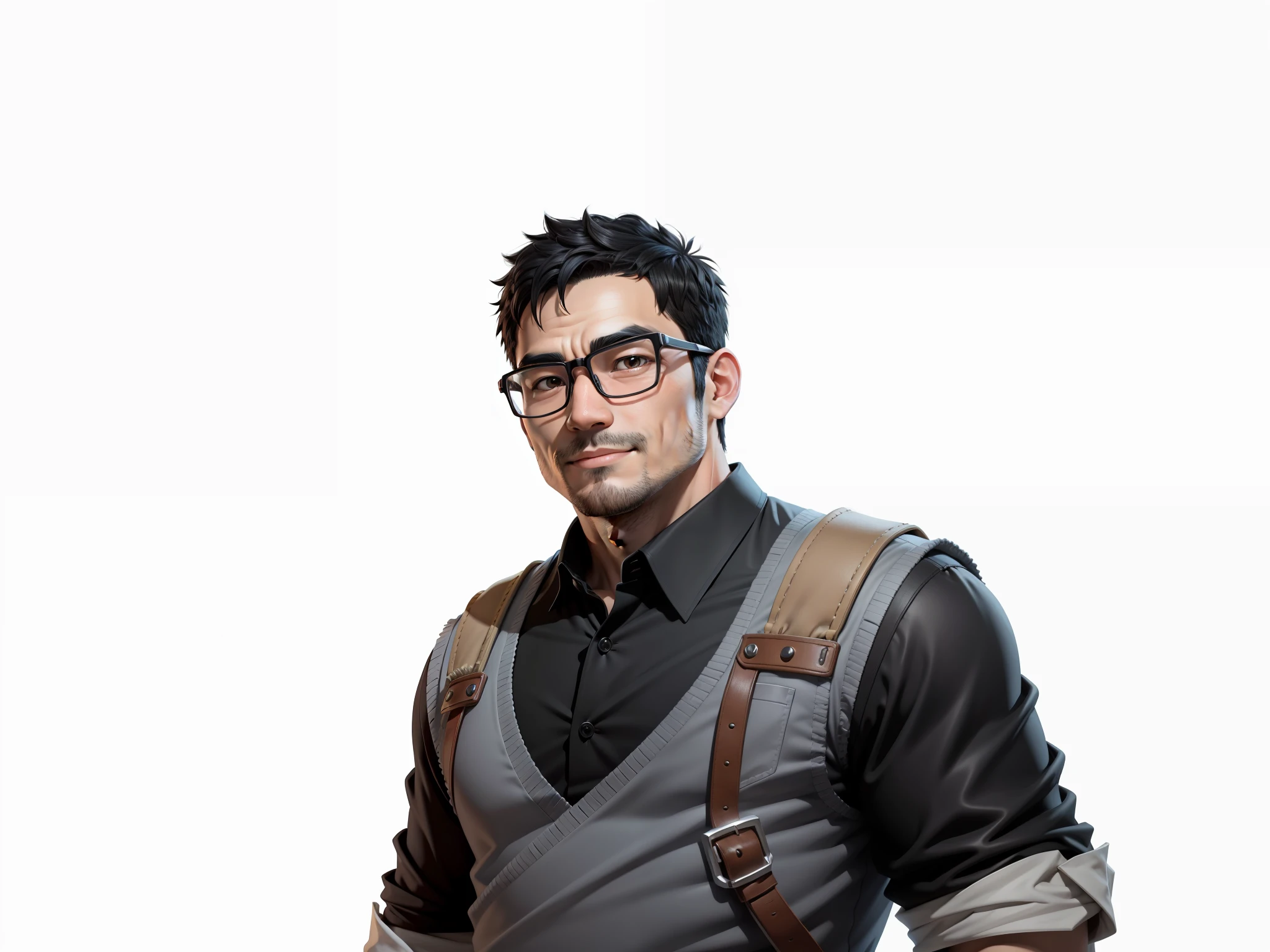 Super young, Japanese man, 35 years old, silver glasses, slightly chubby face, clean face, no beard on chin, black super short hair, black eyes, confident smile, polo cedar, digital painting, film, 3D character design by Mark Claireden and Pixar and Hayao Miyazaki, the illustration is HD illustration in 4K resolution with very detailed facial features and cartoon-style visuals.