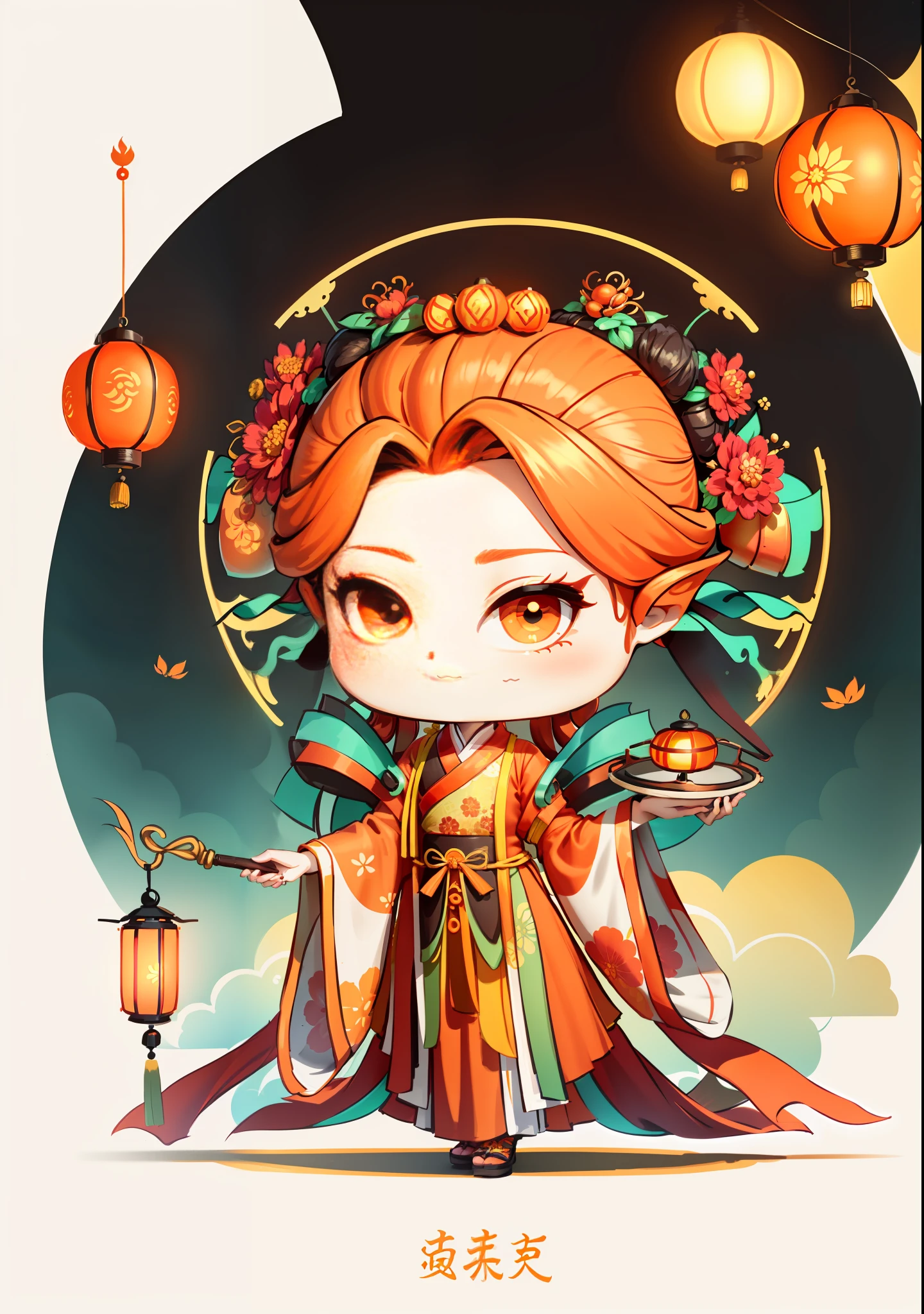 A Chinese girl in Hanfu, holding a lantern in one hand, dragging mooncakes with the other, autumn, Mid-Autumn Festival, mooncakes, dark brown hair, ancient Chinese hair bun, pattern, orange-red skirt, cyan-orange color matching, golden osmanthus flowers on both sides of the hair, some metallic flower headdresses, bright color blocks, bright colors, line art, infinite details, fine painting, exquisite portrayal, blank background 8k,