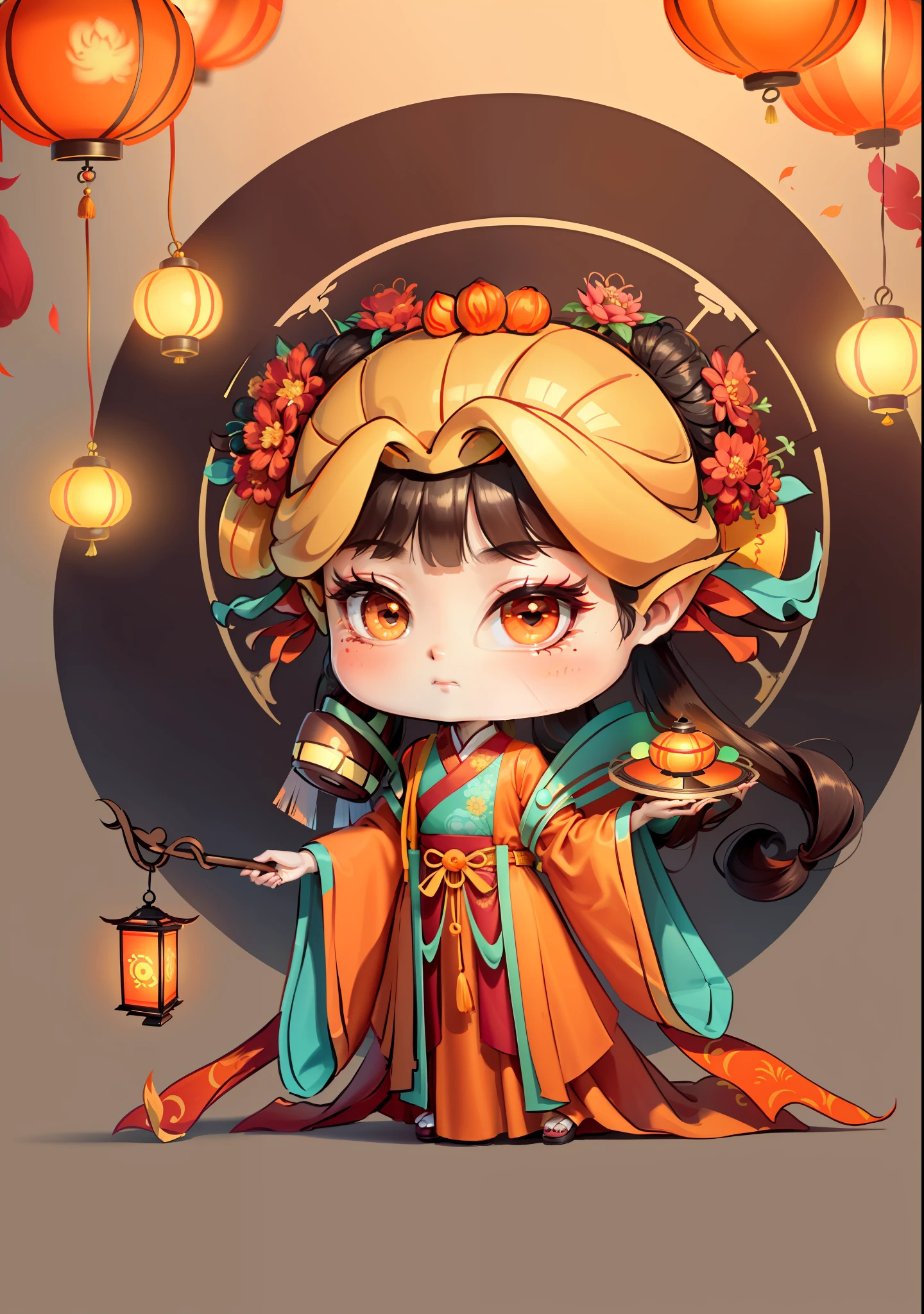 A Chinese girl in Hanfu, holding a lantern in one hand, dragging mooncakes with the other, autumn, Mid-Autumn Festival, mooncakes, dark brown hair, ancient Chinese hair bun, pattern, orange-red skirt, cyan-orange color matching, golden osmanthus flowers on both sides of the hair, some metallic flower headdresses, bright color blocks, bright colors, line art, infinite details, fine painting, exquisite portrayal, blank background 8k,