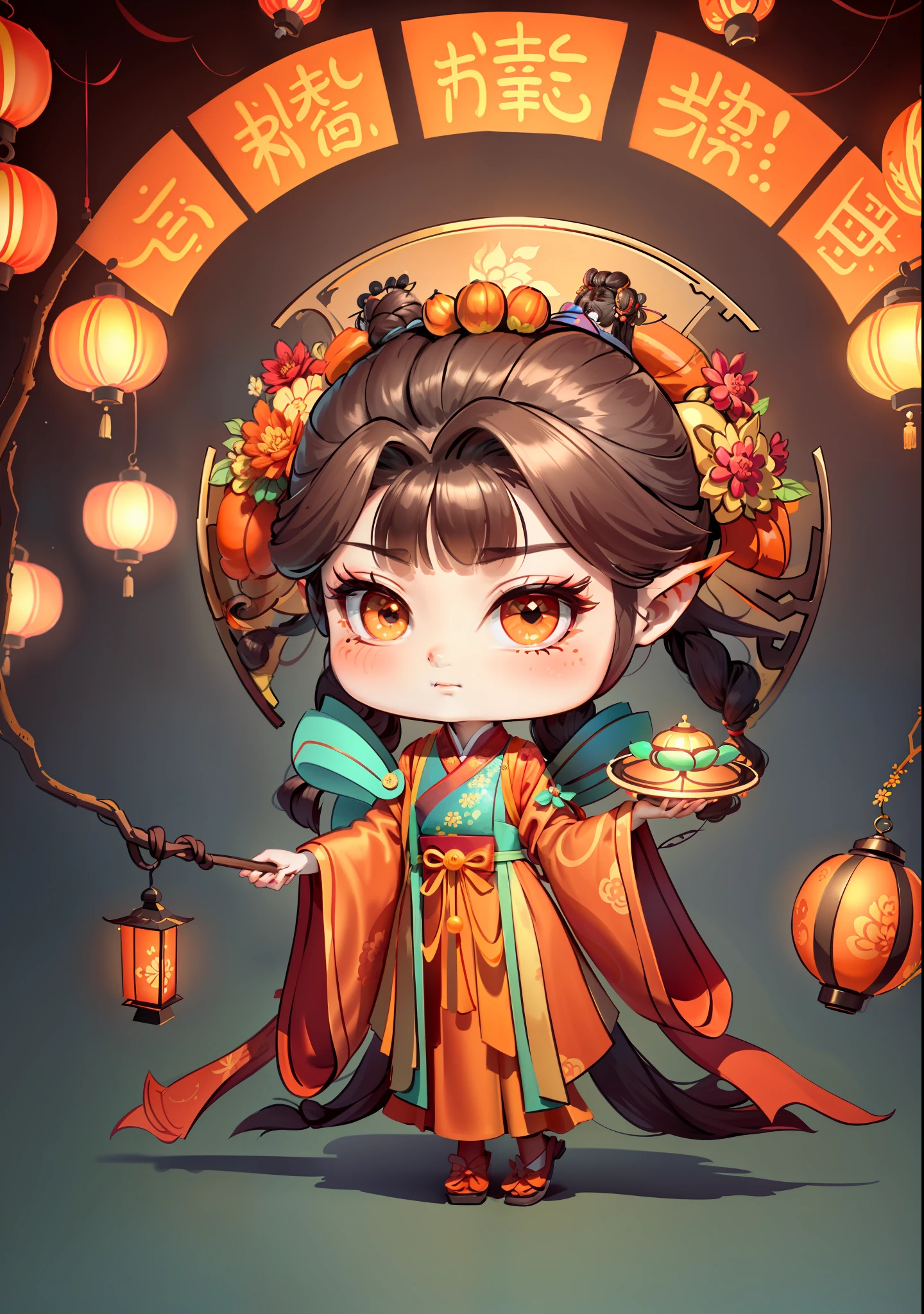 A Chinese girl in Hanfu, holding a lantern in one hand, dragging mooncakes with the other, autumn, Mid-Autumn Festival, mooncakes, dark brown hair, ancient Chinese hair bun, pattern, orange-red skirt, cyan-orange color matching, golden osmanthus flowers on both sides of the hair, some metallic flower headdresses, bright color blocks, bright colors, line art, infinite details, fine painting, exquisite portrayal, blank background 8k,