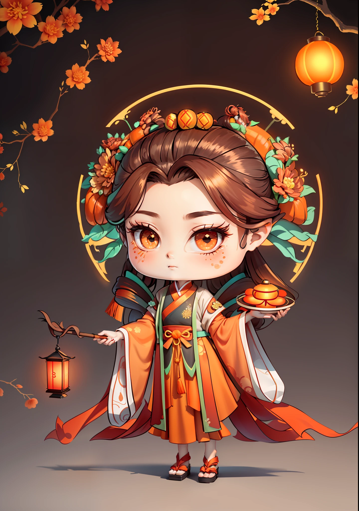 A Chinese girl in Hanfu, holding a lantern in one hand, dragging mooncakes with the other, autumn, Mid-Autumn Festival, mooncakes, dark brown hair, ancient Chinese hair bun, pattern, orange-red skirt, cyan-orange color matching, golden osmanthus flowers on both sides of the hair, some metallic flower headdresses, bright color blocks, bright colors, line art, infinite details, fine painting, exquisite portrayal, blank background 8k,
