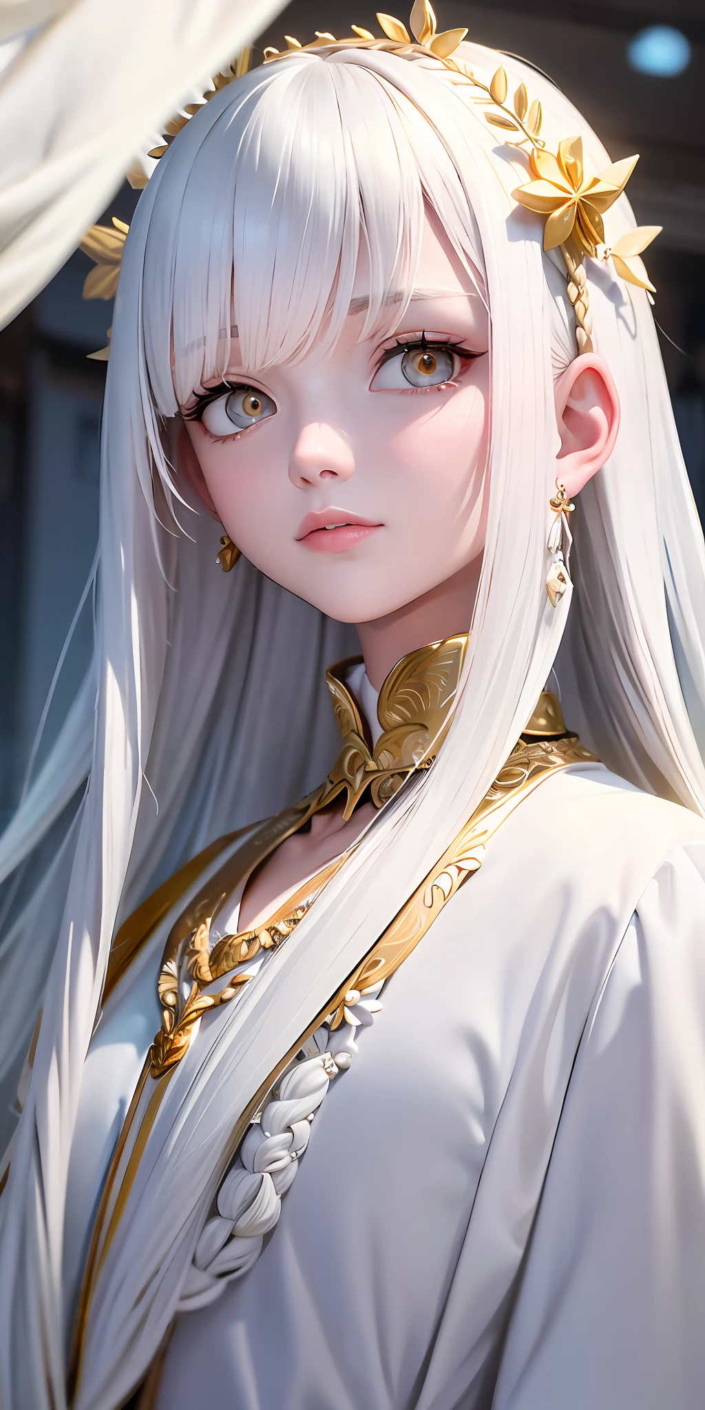 best quality, masterpiece,white hair, gold eyes,white clothes, looking up, upper body,hair strand,Fair skin,side braids