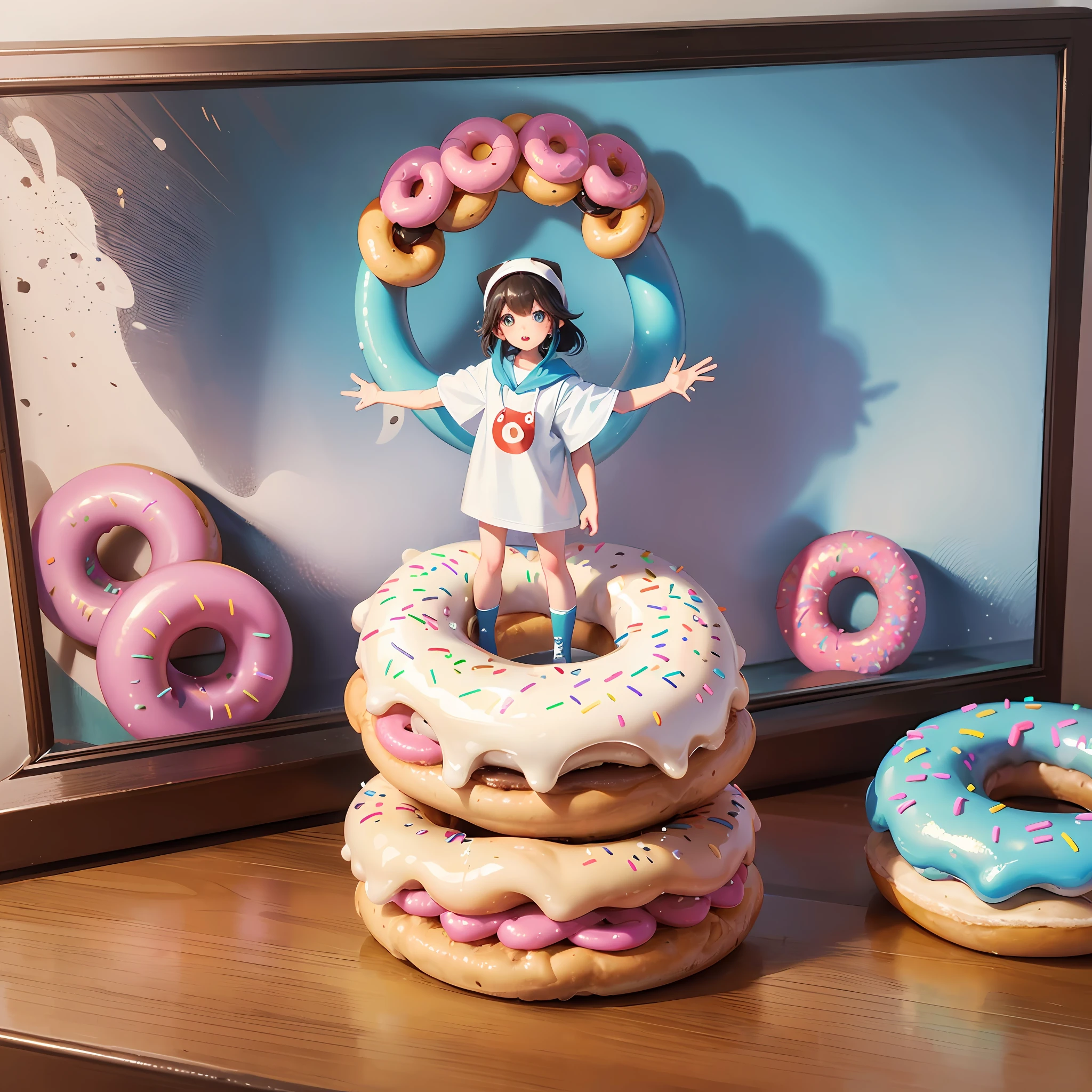 Animation, white background, food donut, Ghibli-style characters, top quality, picture book art, standing with outstretched hands, donut with two legs, donut with two hands, donut with adorable mouth, donut with adorable eyes, no humans, pop , --auto --s2