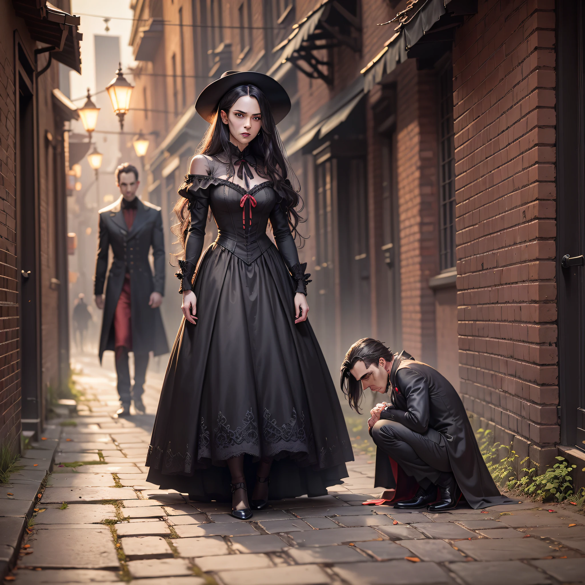 Man and woman, vampire prepares to bite the victim, the victim is in a trance, vampire with oresas on display, beautiful image, dark, dark alley, dim lighting, focus on the neck, dry tree in the background, black brick wall in the background, fog, bats, high definition, realism, ultrarealism, very well rendered, top image --auto --s2