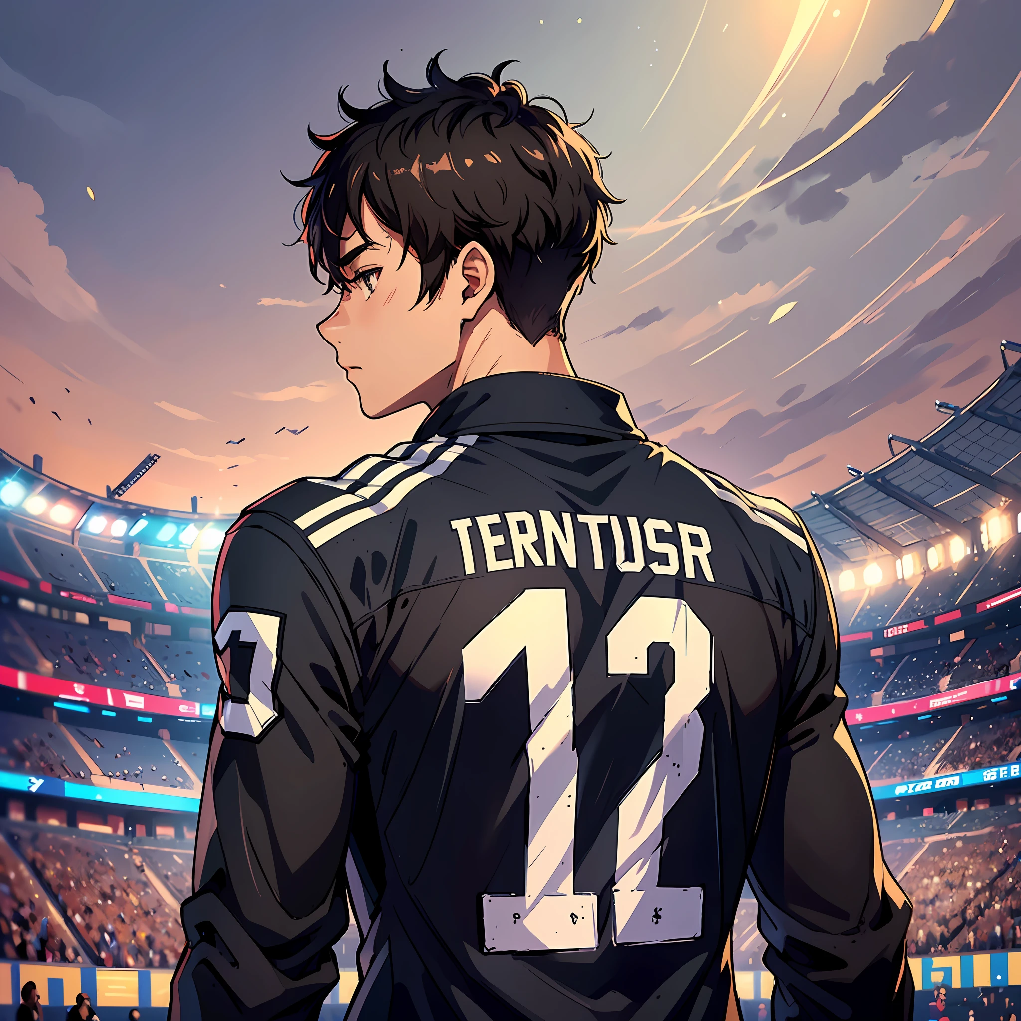 (best quality: 0.8), (best quality: 0.8), perfect anime illustration, close-up portrait of a football player with his back to the image walking through the soccer stadium, all black uniform, brown skin, very short hair, uniform with number 14 on the back --auto --s2