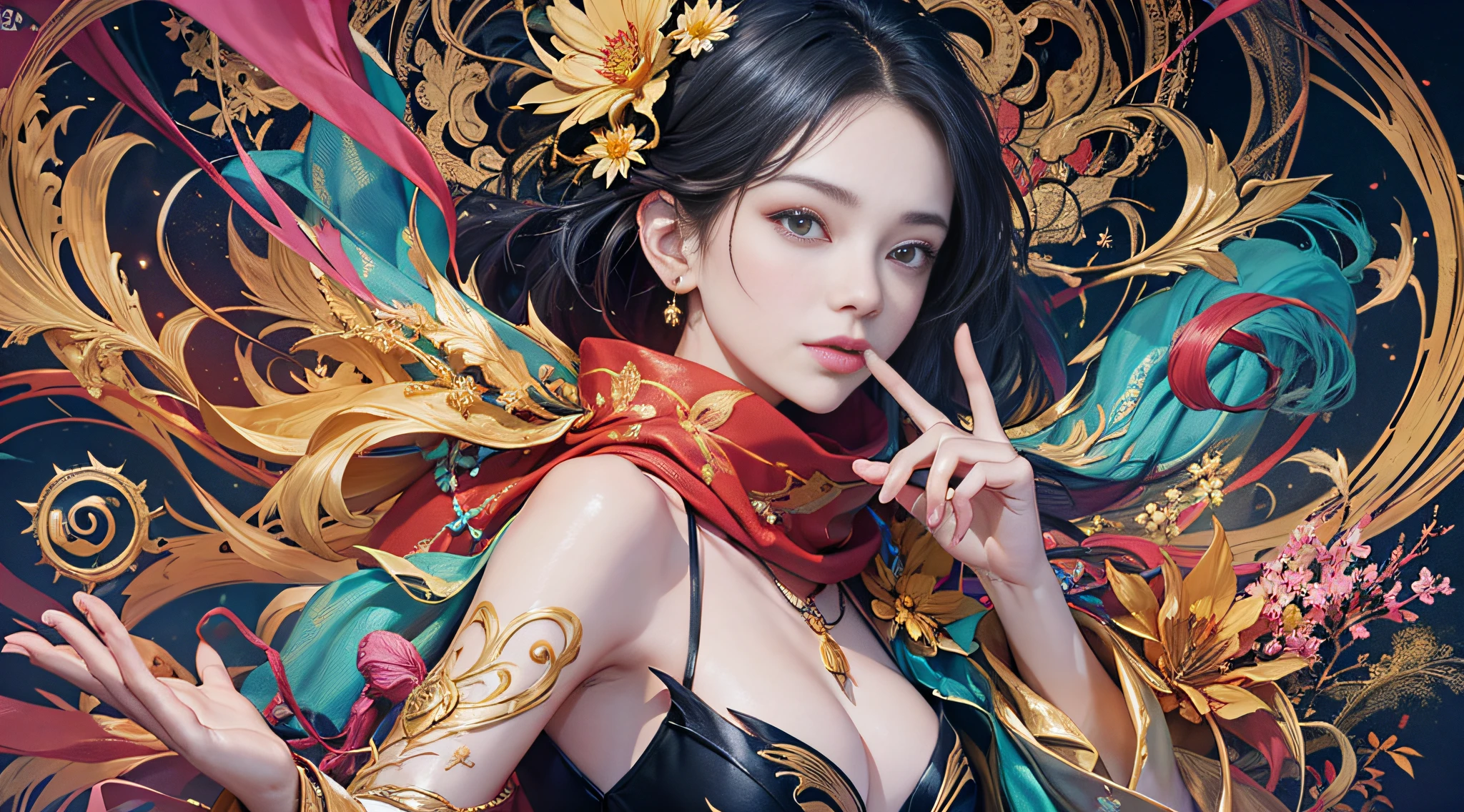 official art, Unity 8k wallpaper, ultra detail, beauty and aesthetics, masterpiece, best quality, buddhism, mandala, Taoist seal, clear limbs, conforming to the structure of the human body , 1 woman, big breasts, talismans, one left and right of each arm, five fingers in each hand, safflower, osmanthus flower, very detailed, dynamic angle, flying sky, scarf, silk satin, embroidery, su embroidery, gold thread, chaotic justice form, elegant, fauvist design, bright colors, romanticism, James Jean, Robbie Devi Antono, Ross Tran, Francis Bacon, Michal Mraz, Adrian Ganey, Petra Cortwright, Gerhard Richter, Takato Yamamoto, Ashley Wood, Tai Qi --auto --s2