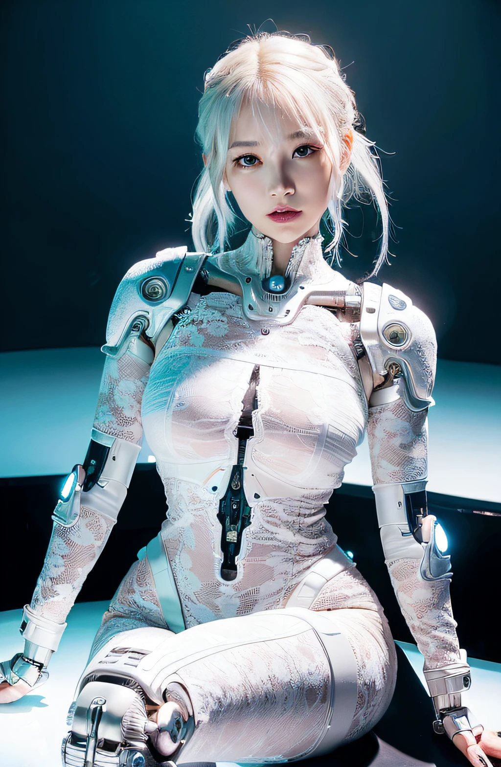 photorealistic, a woman in a white (lace, full cyborg suit:1.55) (sitting on top of a table:1.5) (body turned towards the viewer:1.2), (head turned to the left:1.8), (crossed legs:1.4), white hair, cyborg, robotic parts, beautiful detailed body and face, sakimichan hdri, amouranth, a beautiful detailed orixa, 2049, chiaki nanami, afro futuristic, made in maya, sam yang, 2070, cyborg, robotic parts, 150 mm, beautiful studio soft light, rim light, vibrant details, luxurious cyberpunk, lace, hyperrealistic, anatomical, facial muscles, cable electric wires, microchip, elegant, beautiful background, octane render, 8k, best quality, masterpiece, illustration, an extremely delicate and beautiful, extremely detailed ,CG ,unity ,wallpaper, (realistic, photo-realistic:1.37), Amazing, finely detail, masterpiece, best quality, official art, extremely detailed CG unity 8k wallpaper, absurdres, incredibly absurdres, robot, silver halmet, (full body:1.4), sitting, (nsfw:1.2),