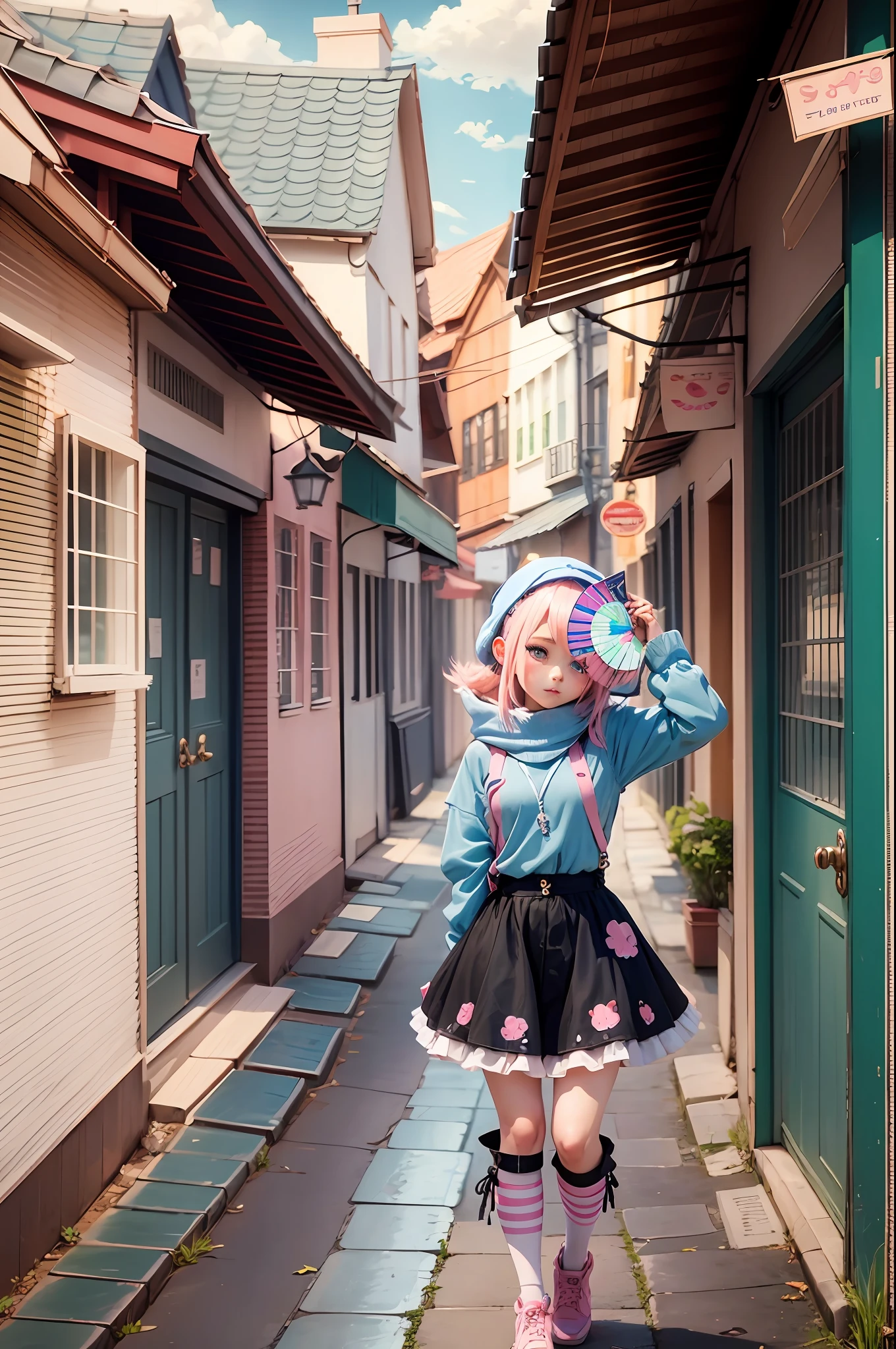 Anime girl with pink hair and blue eyes holding a fan, cute digital art, cute detailed digital art, cute anime outer house wearing beautiful clothes, cute anime girl, cute digital painting, anime style. 8k, cute anime, anime style 4k, cute art style, guvez style artwork, kawaii realistic portrait, anime style digital art, full body, chibi --auto --s2