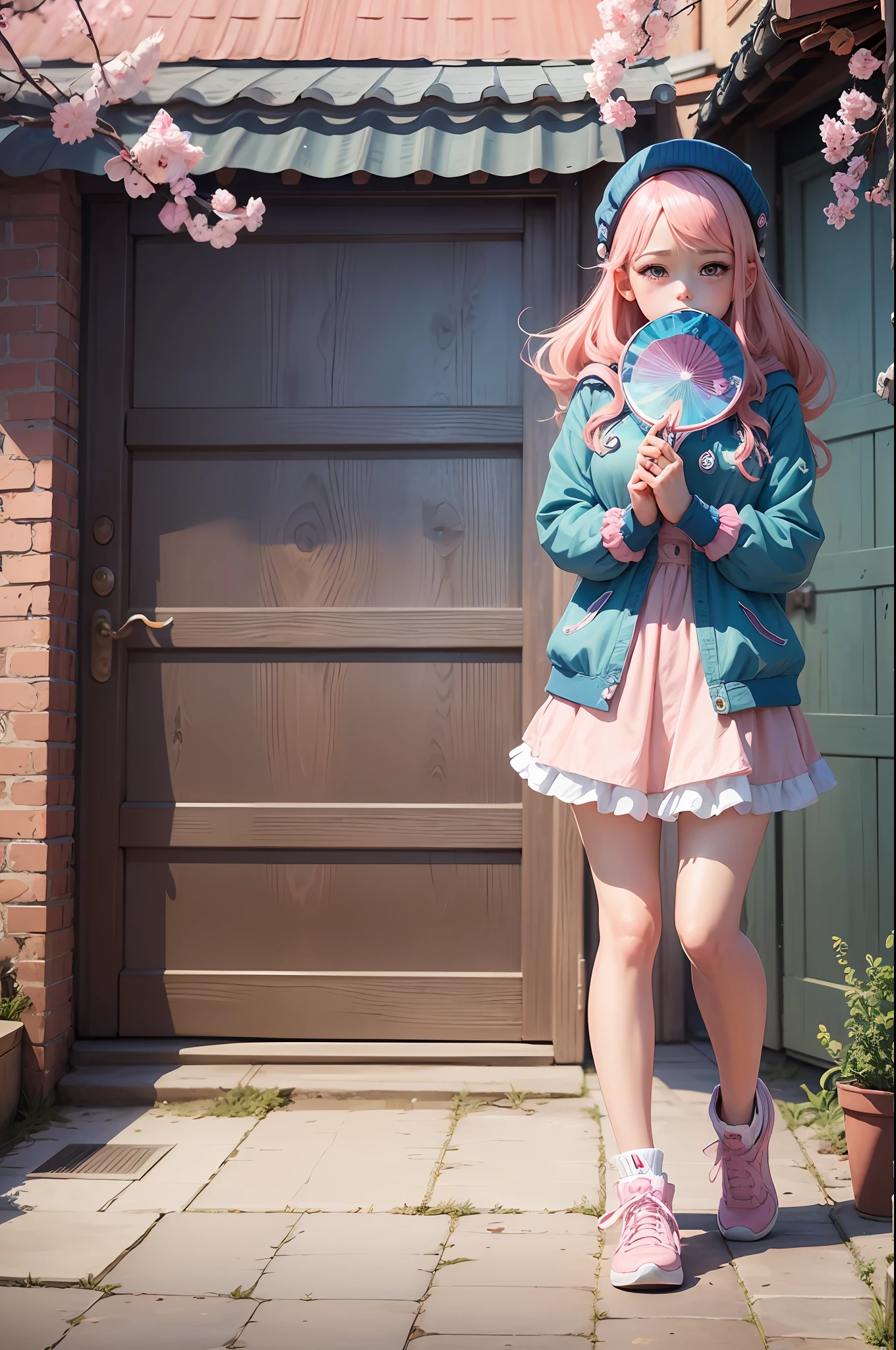 Anime girl with pink hair and blue eyes holding a fan, cute digital art, cute detailed digital art, cute anime outer house wearing beautiful clothes, cute anime girl, cute digital painting, anime style. 8k, cute anime, anime style 4k, cute art style, guvez style artwork, kawaii realistic portrait, anime style digital art, full body, chibi --auto --s2
