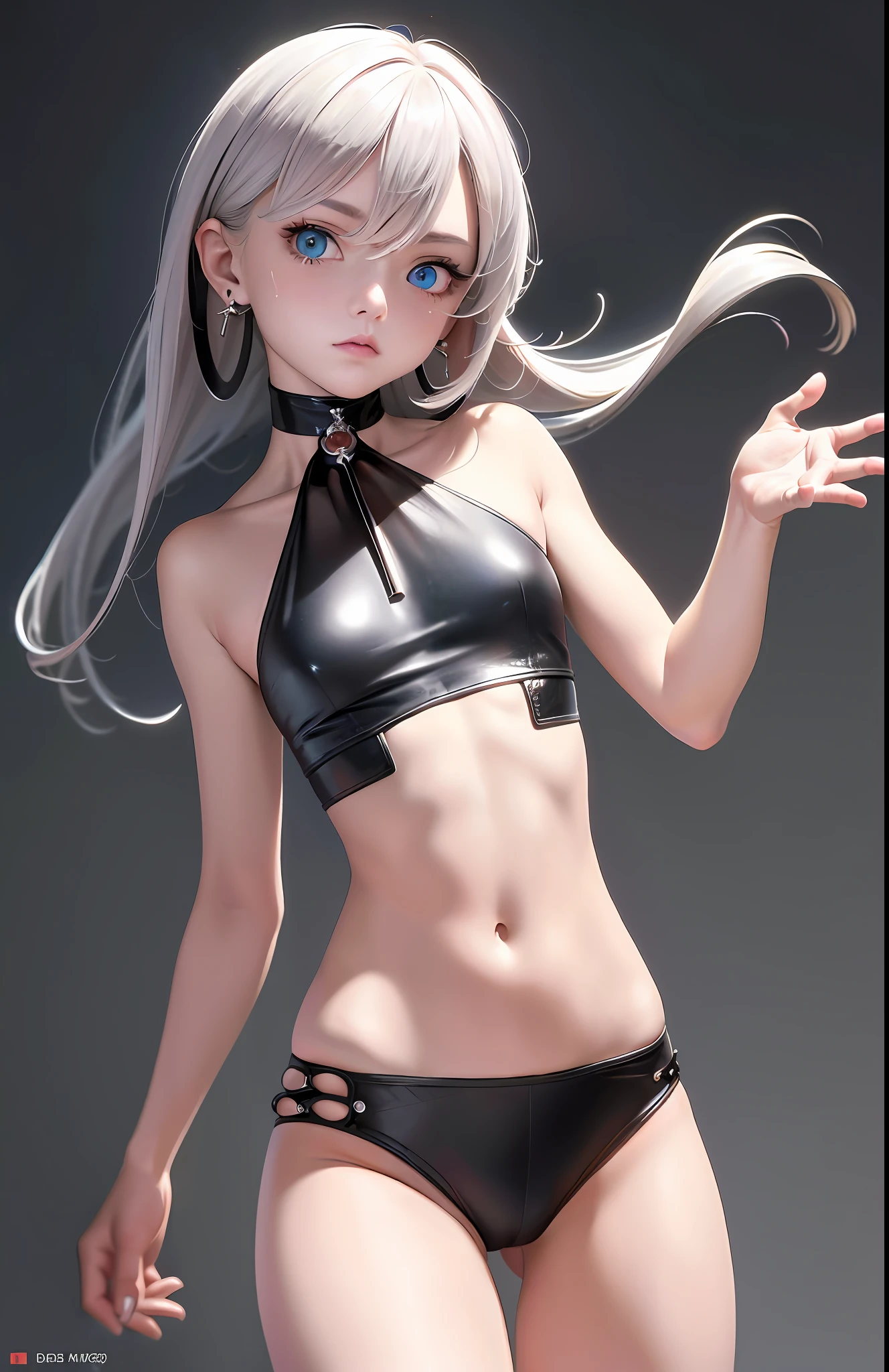 Best, Masterpiece, High Resolution, Best Quality, Ultra HD, Super Detail, Award-Standing, 16k, (Upper Body), Anatomically Correct, Action Pose, Beautiful Girl, Gray Hair, Hair, ((Heterochromia)), Hanging Eye Corners, Fair Skin, (Small), (Slim Body), ((Cowboy)), Stud Earrings, (Neck Ring), Very, Very Very Short Short Glove