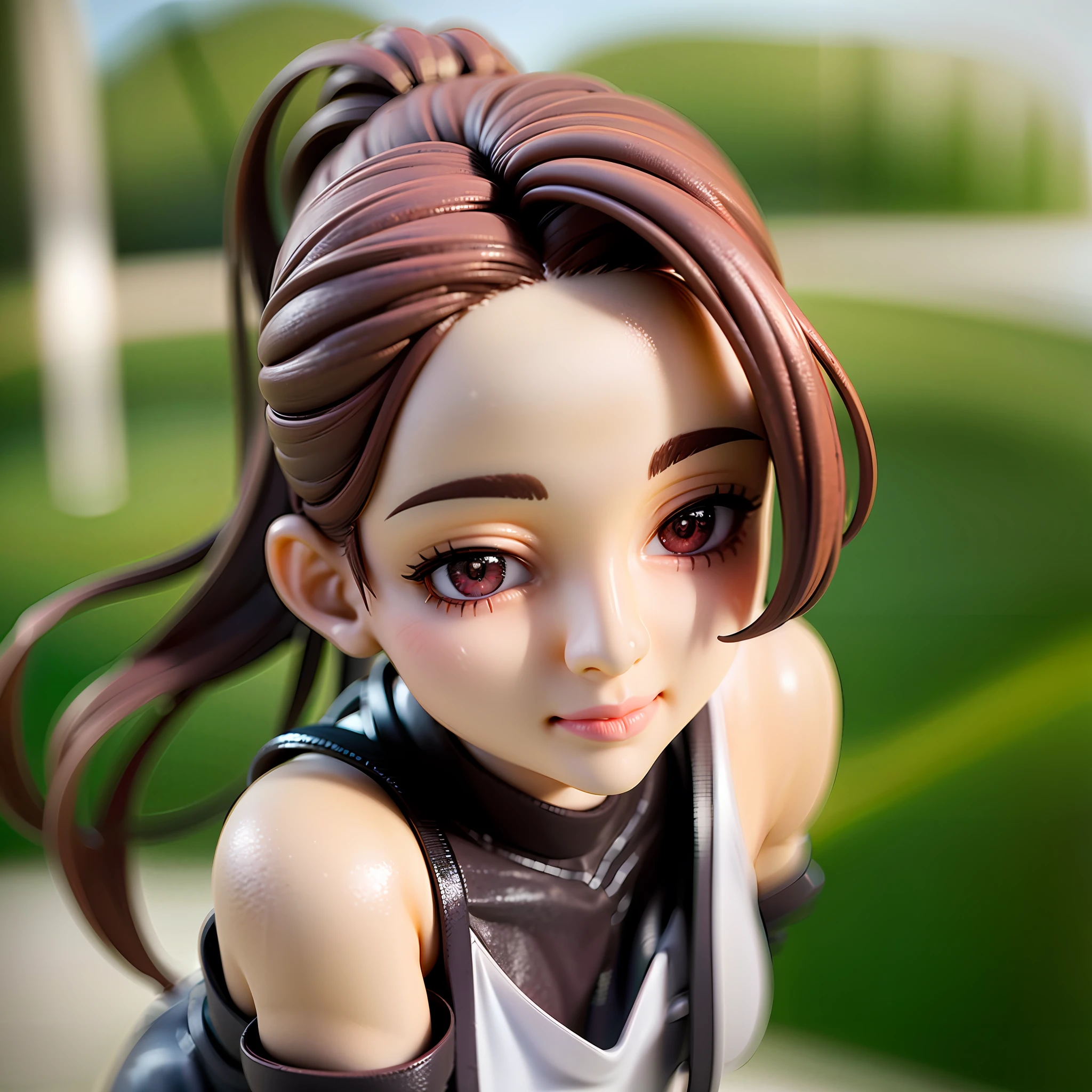 Brown Hair, Sportswear, Brown Eyes, High Ponytail,1girl, on grass, sunlight,beautiful eye,full body, chibi, [realistic], [3d], smile, closed mouth,(8k, RAW photo, best quality, masterpiece:1.2), ultra high res, (((realistic, photo-realistic))), professional lighting, detailed lighting, professional photography, fisheye, dynamic angle, high quality, high res, extremely detailed, bloom,depth of field, sketch, sharp focus, soft lighting, good composition, god light highlight, detailed, (((photorealistic details))), detailed skin, to8contrast style