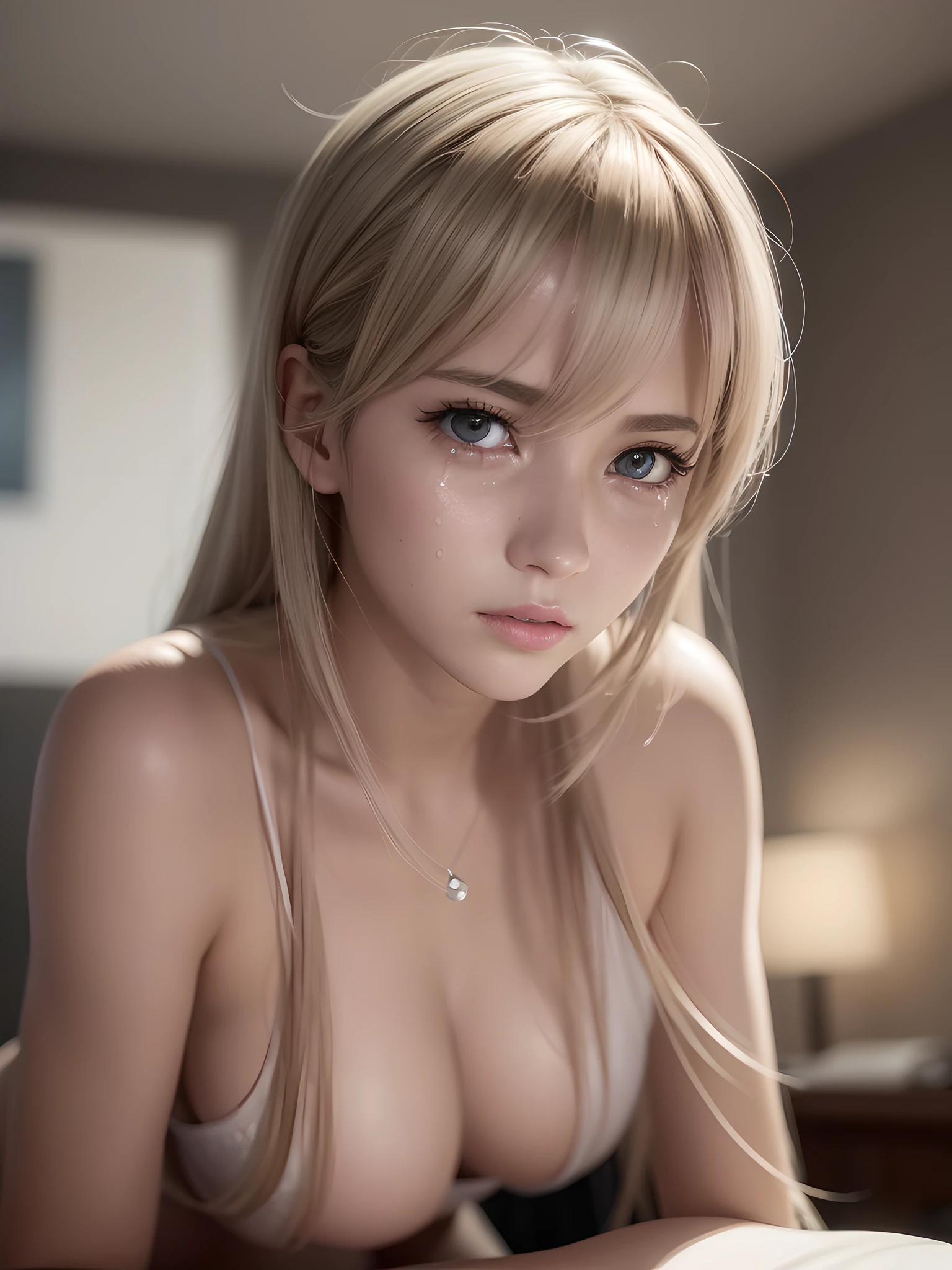 (A girl lying in bed with a pitiful expression, tears, nsfw: 1.4), ((best quality)), ((masterpiece)), (detail: 1.2), 3D, HDR (high dynamic range), ray tracing, NVIDIA RTX, Super-Resolution, Unreal 5, Subsurface scattering, PBR textures, post-processing, anisotropic filtering, depth of field, maximum sharpness and sharpness, multi-layer textures, albedo and highlight maps, Surface shading, accurate simulation of light-material interactions, perfect proportions, Octane Render, two-color light, large aperture, low ISO, white balance, rule of thirds, 8K RAW,