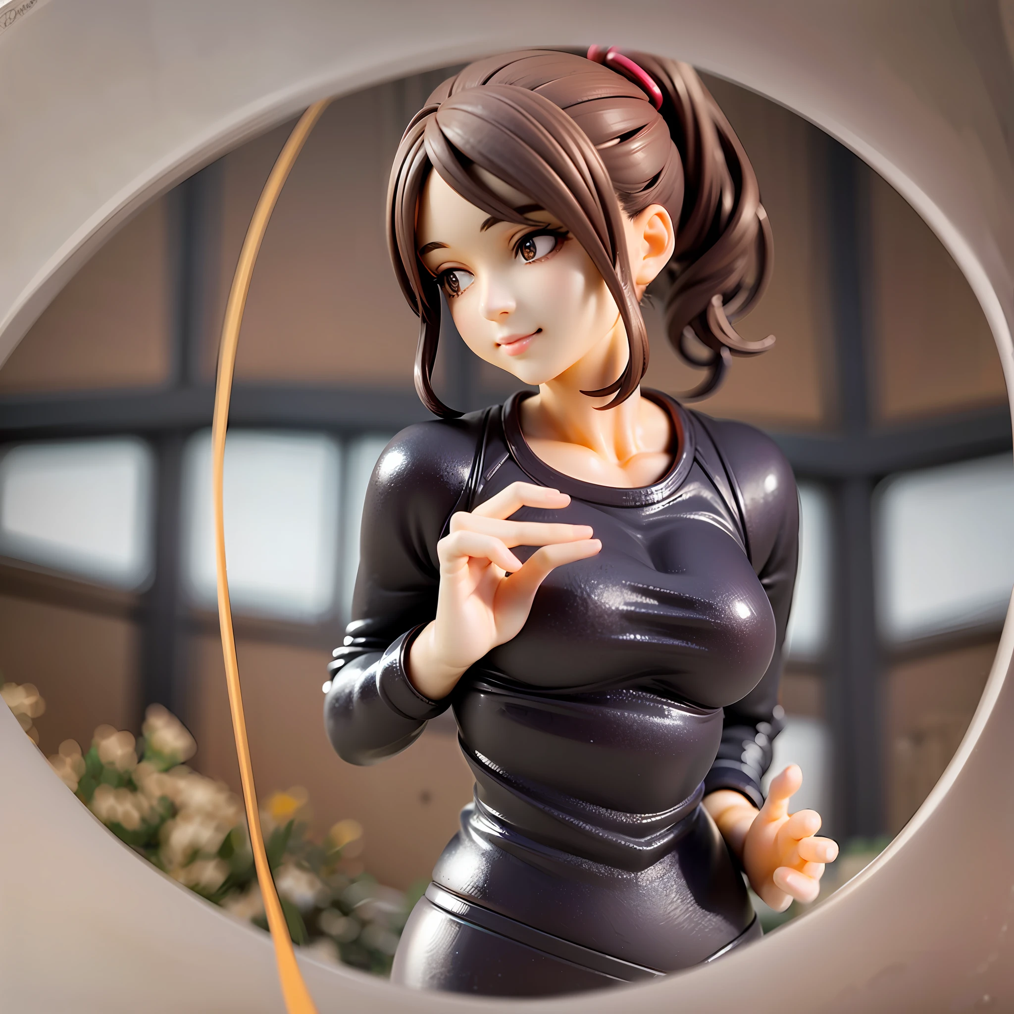 Brown Hair, Sportswear, Brown Eyes, High Ponytail,1girl, on grass, sunlight,beautiful eye,full body, chibi, [realistic], [3d], smile, closed mouth,(8k, RAW photo, best quality, masterpiece:1.2), ultra high res, (((realistic, photo-realistic))), professional lighting, detailed lighting, professional photography, fisheye, dynamic angle, high quality, high res, extremely detailed, bloom,depth of field, sketch, sharp focus, soft lighting, good composition, god light highlight, detailed, (((photorealistic details))), detailed skin, to8contrast style