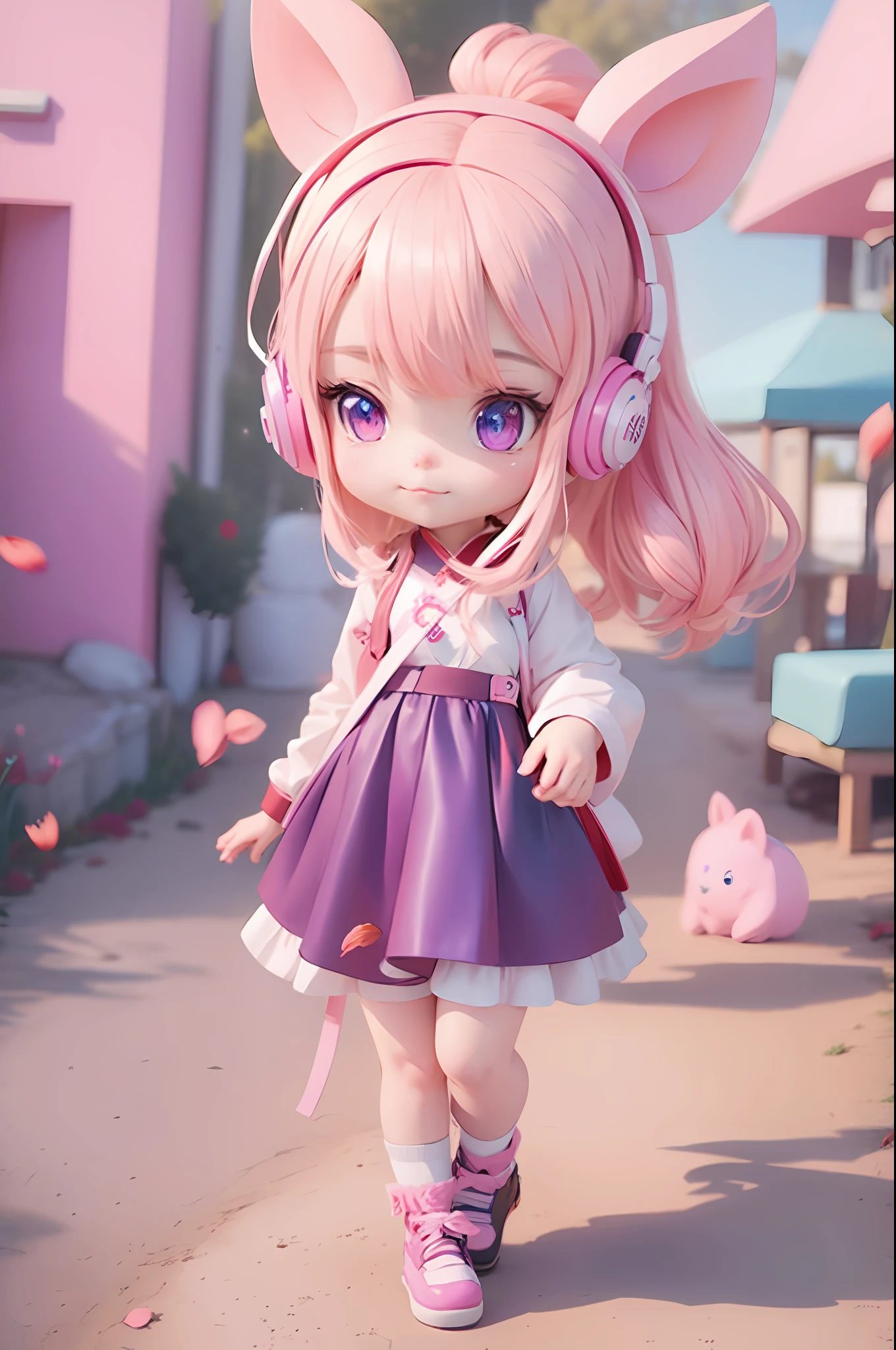 Anime girl with pink hair and blue-purple eyes holding a fan, wearing pig ear headphones, furry dog tail, cute digital art, cute detailed digital art, cute anime outer house wearing beautiful clothes, cute anime girl, cute digital painting, anime style. 8k, cute anime, anime style 4k, cute art style, guvez style artwork, kawaii realistic portrait, anime style digital art, full body, chibi