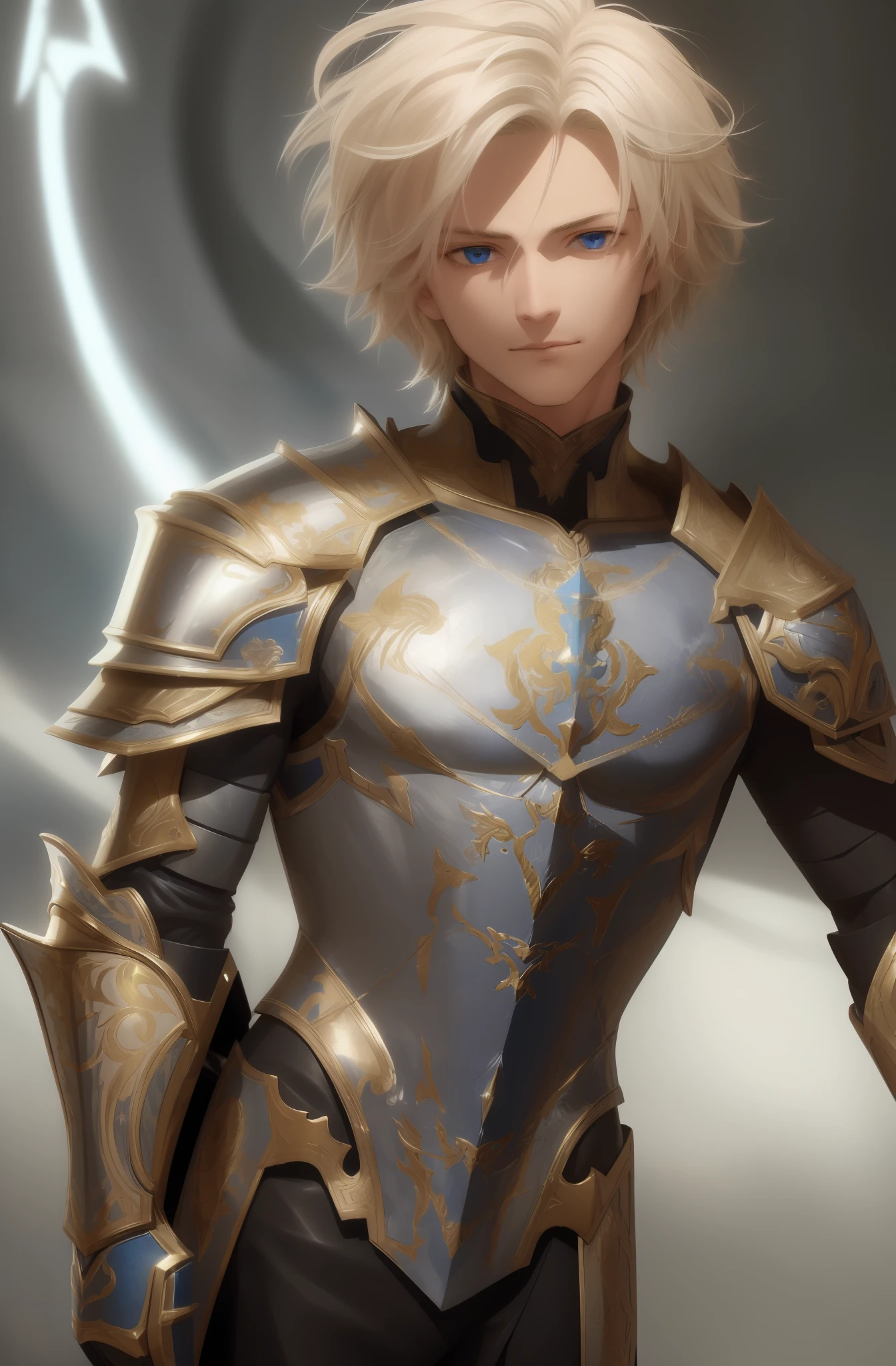 (highest quality), blue eyes, short yellow hair, confident expression, light blue luster, luxurious silver armor with golden patterns all over the armor, pulling out the holy sword Galateen, Knight of the Round Table Gawain, (Sun Protection)