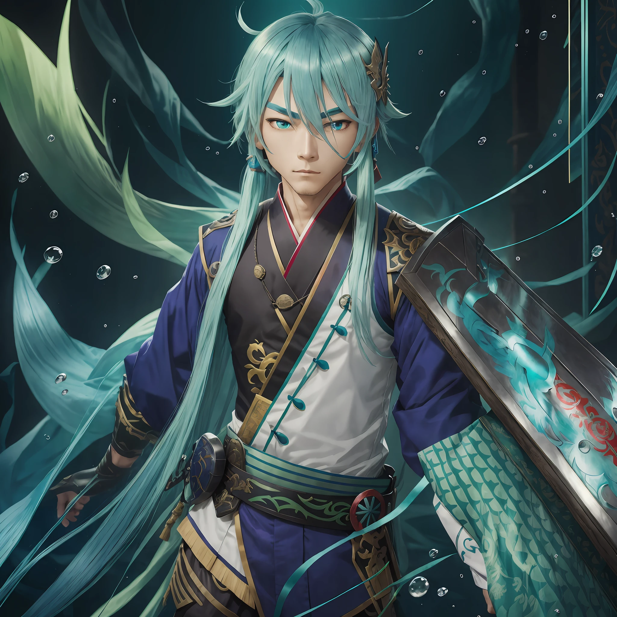 Genshin, Ray, green-blue hair, warrior general, abs, antique clothes, mask, protector Yasha, ghost mask, pointed chin, a pinch of blue hair, complementary coloring, blue-purple color scheme --auto --s2