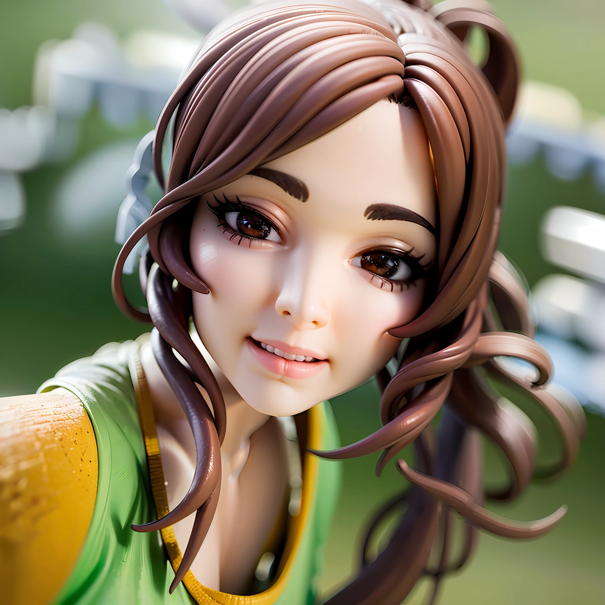 Brown Hair, Sportswear, Brown Eyes, High Ponytail,1girl, on grass, sunlight,beautiful eye,full body, chibi, [realistic], [3d], smile, closed mouth,(8k, RAW photo, best quality, masterpiece:1.2), ultra high res, (((realistic, photo-realistic))), professional lighting, detailed lighting, professional photography, fisheye, dynamic angle, high quality, high res, extremely detailed, bloom,depth of field, sketch, sharp focus, soft lighting, good composition, god light highlight, detailed, (((photorealistic details))), detailed skin, to8contrast style