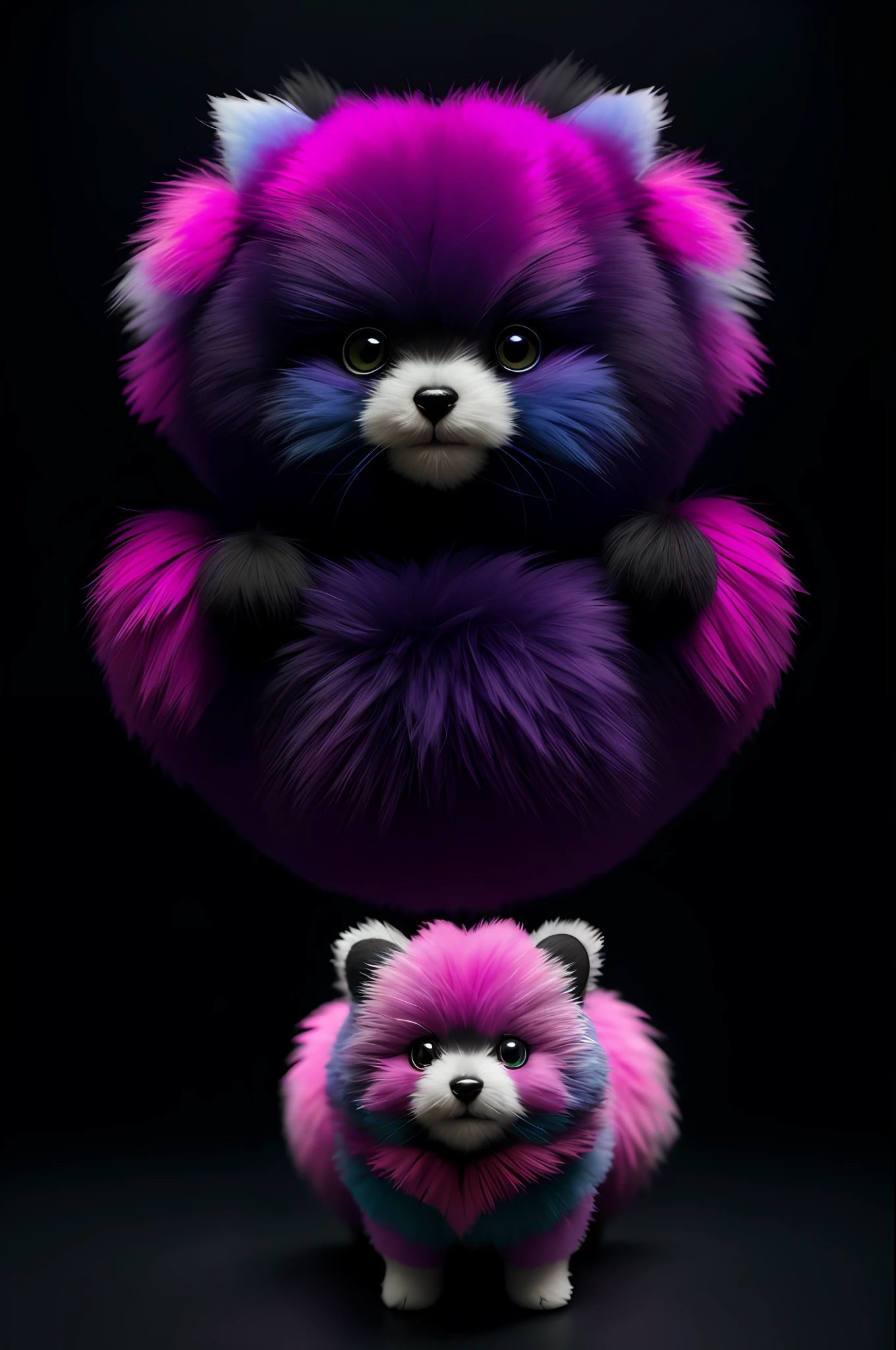 RAW photo, high quality, 3d render, octane render, radiosity, {{hyperrealism}}, very cute multi pastel dotted fluffy!, tarantula cat hybrid with detailed fluffy wings!!, vray smooth, in the style of detective (pink teddy bear), hannah yata charlie immer, rim light, epic, dramatic blue light, low angle, uhd 8 k, sharp focus, dark background, dark theme, (low key:1.15), night,