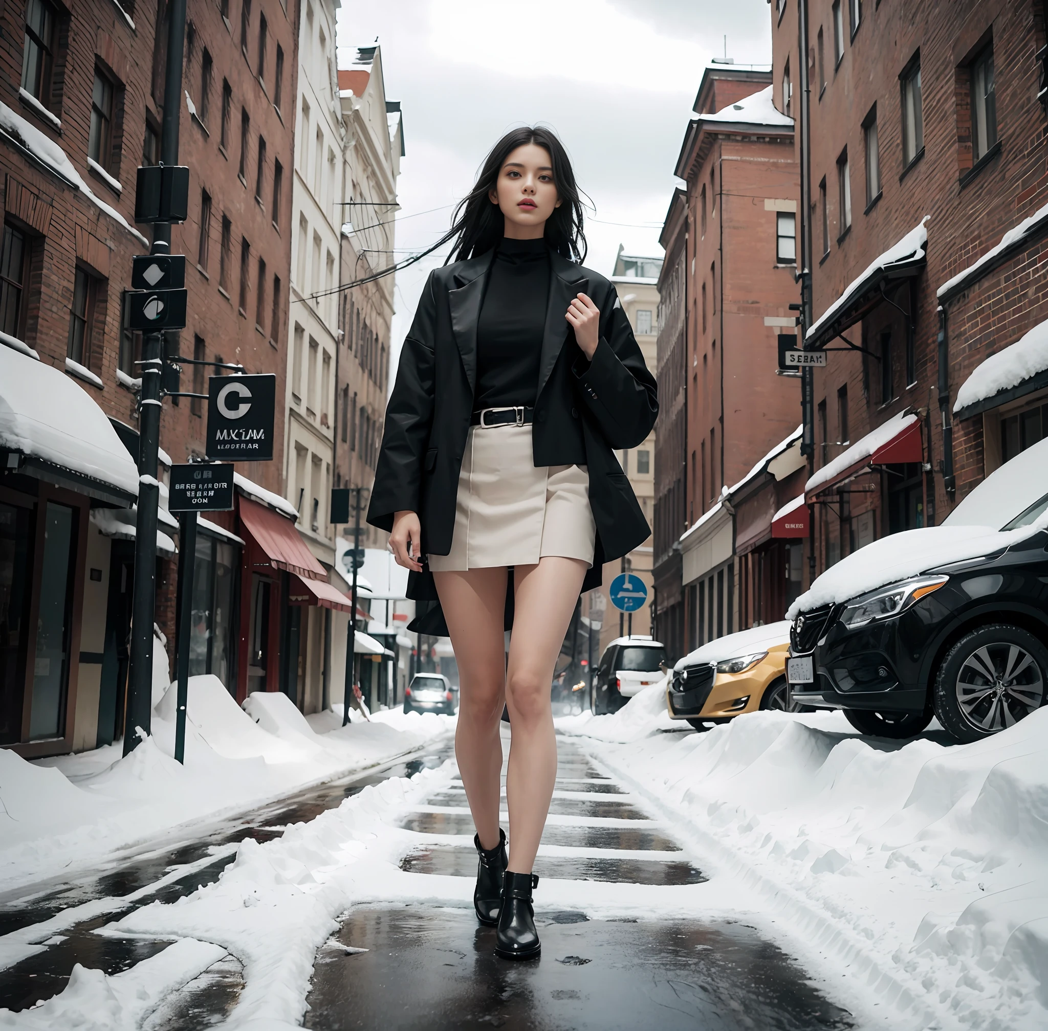 ((Master piece, best quality, raw photo)) Mode fashion, Black, Inner is a shirt, Outer is a tailored jacket, Mode skirt, Highly designed clothes, Stylish, Only one model, Model is a transcendently beautiful Caucasian woman, Model has blue eyes, Hairstyle is black hair, Model is a live-action picture, Model reflects the whole body up to the feet, Snowy landscape, Winter clothes