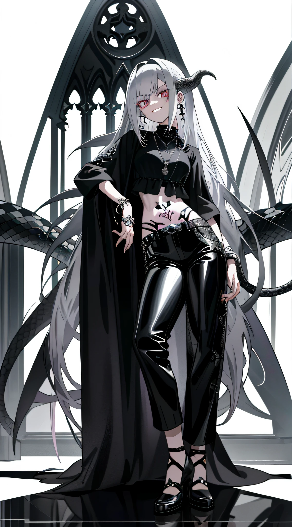 Masterpiece, high quality, rich details, anime girl with long hair and tattoos, 1 7 years old - anime gothic girl, detailed anime character art, gothic shoujo anime girl, full body art, he wears silver-black mirrored leather trousers, tattoo-like style, wears an open-belly short outfit, decorated with a snake as a symbol, this figure has long silver-white hair and looks very cool, church background, has a little devilish atmosphere, gothic girl aesthetics, badass look, evil smile, neo-gothic, with rings, bracelets, earrings and necklaces