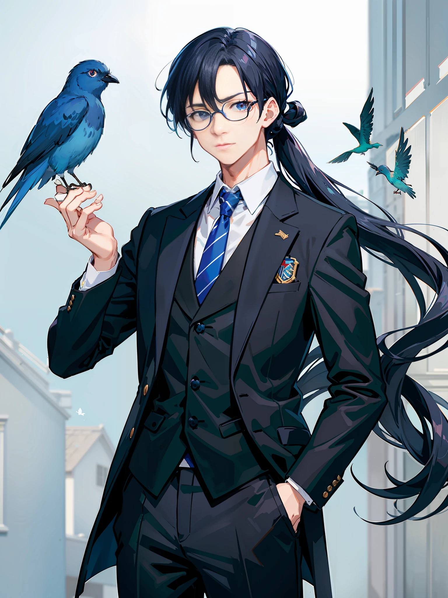 Dark blue hair, speechless expression, eye roll expression, black headband, suit, Harry Potter dress, blue striped tie, bird, bird standing on shoulder, high ponytail, long hair, shota, boy, wizard style, masterpiece, best quality, clear focus, perfect quality