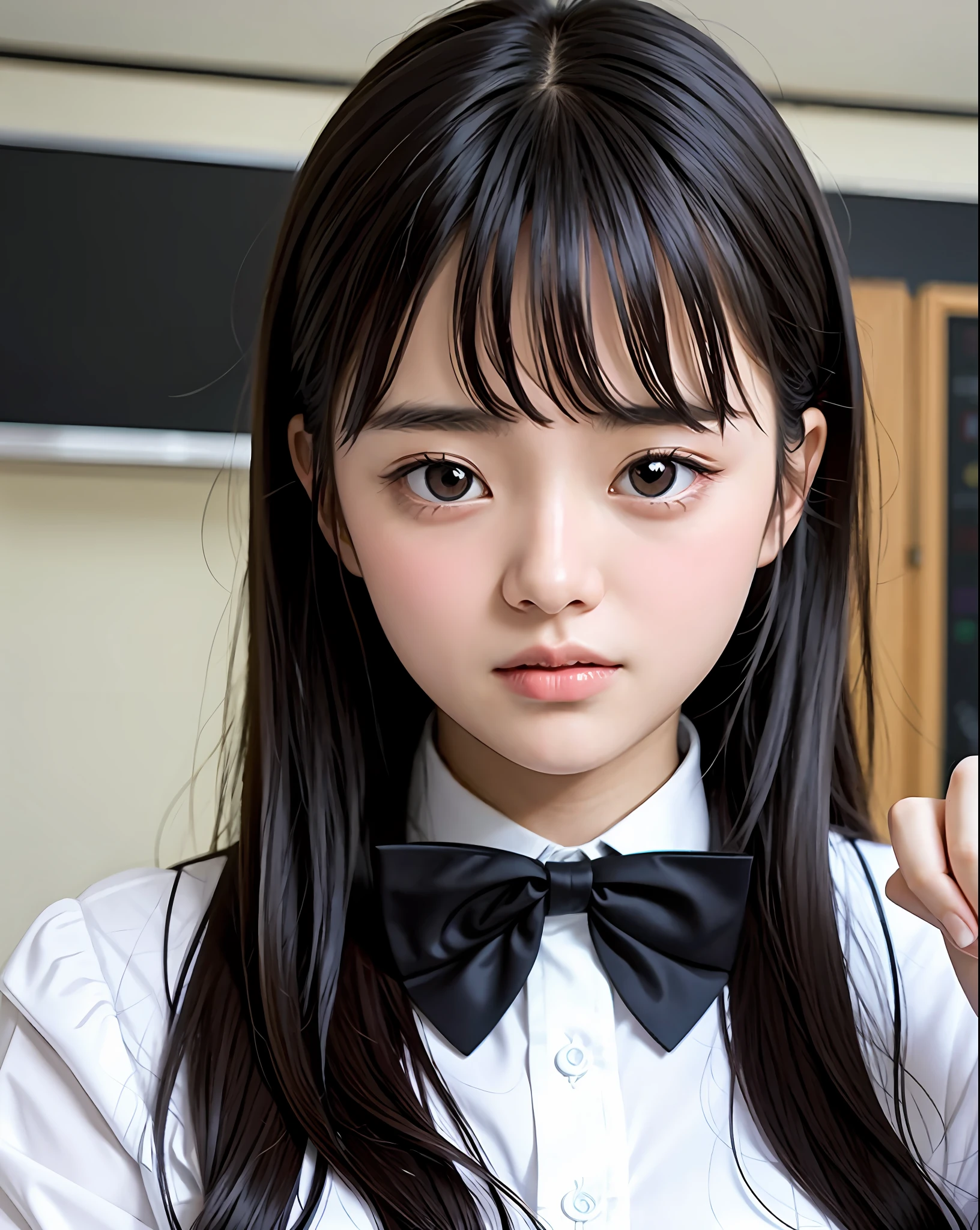 Masterpiece, best picture quality, beautiful girl, 15 years old, long hair, black hair, bangs, black cat suit, student, white blouse, red bow tie, cream cardigan, from waist up, up close, school classroom, detailed eyes, big eyes, puffy eyes, depressed expression, looking forward, realistic photo, real photo, double eyelids, Japanese girl, beautiful Asian girl,