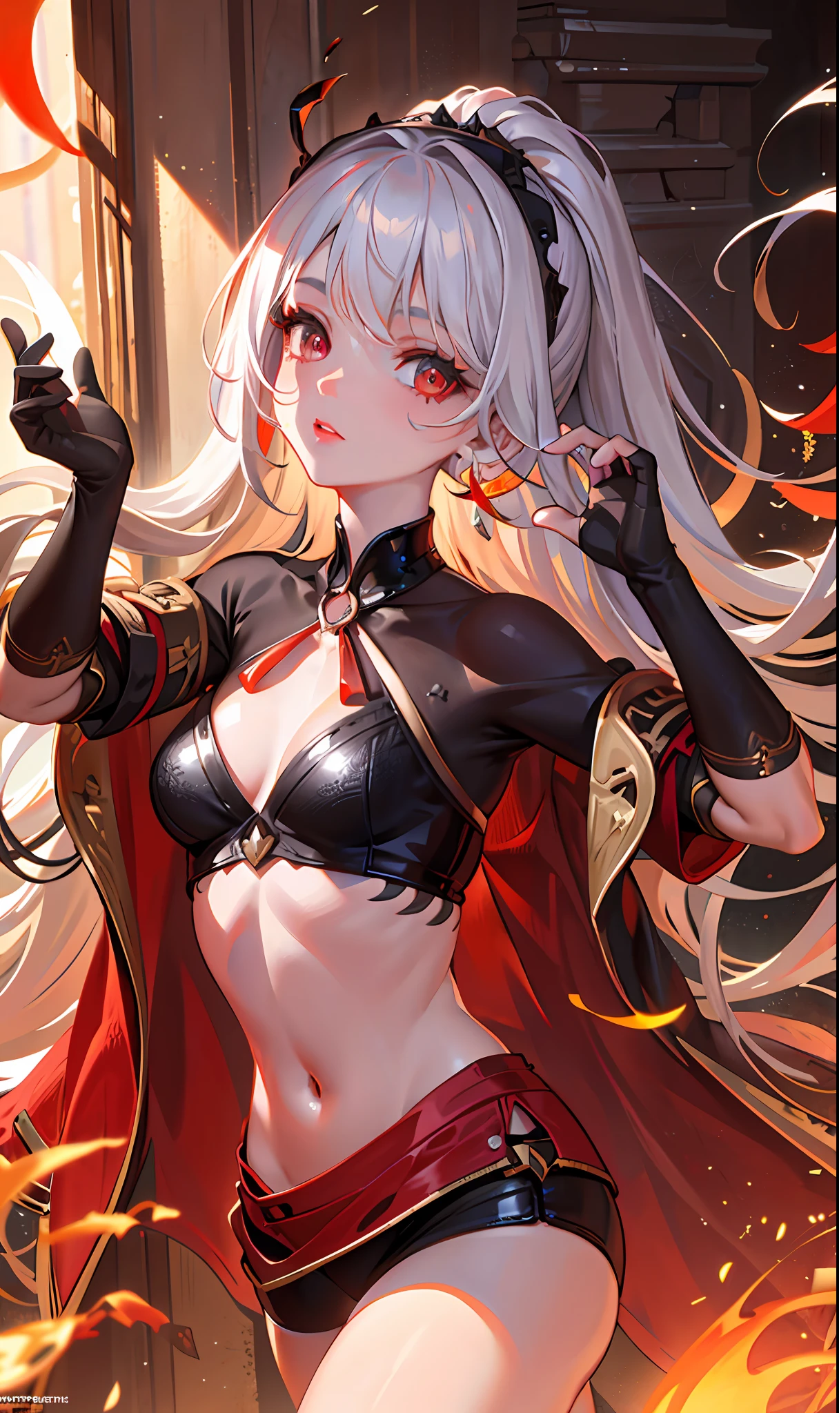 (Masterpiece, Side Light, Fine Beautiful Eyes: 1.2), (Masterpiece * Portrait), Portrait, (Bust), Realistic, Anatomically Correct, 3D Face, Sweet Skin, (Solo), (Close-up of Face), (Fire Opal General Scarlet Eyes), Hanging Corner of the Eye, ((High Detail Skin, Visible Pores)), (Perfect Figure), A Beautiful Girl, Small Breasts, ((Western)), (Neck Ring), Very, Very Short Gloves