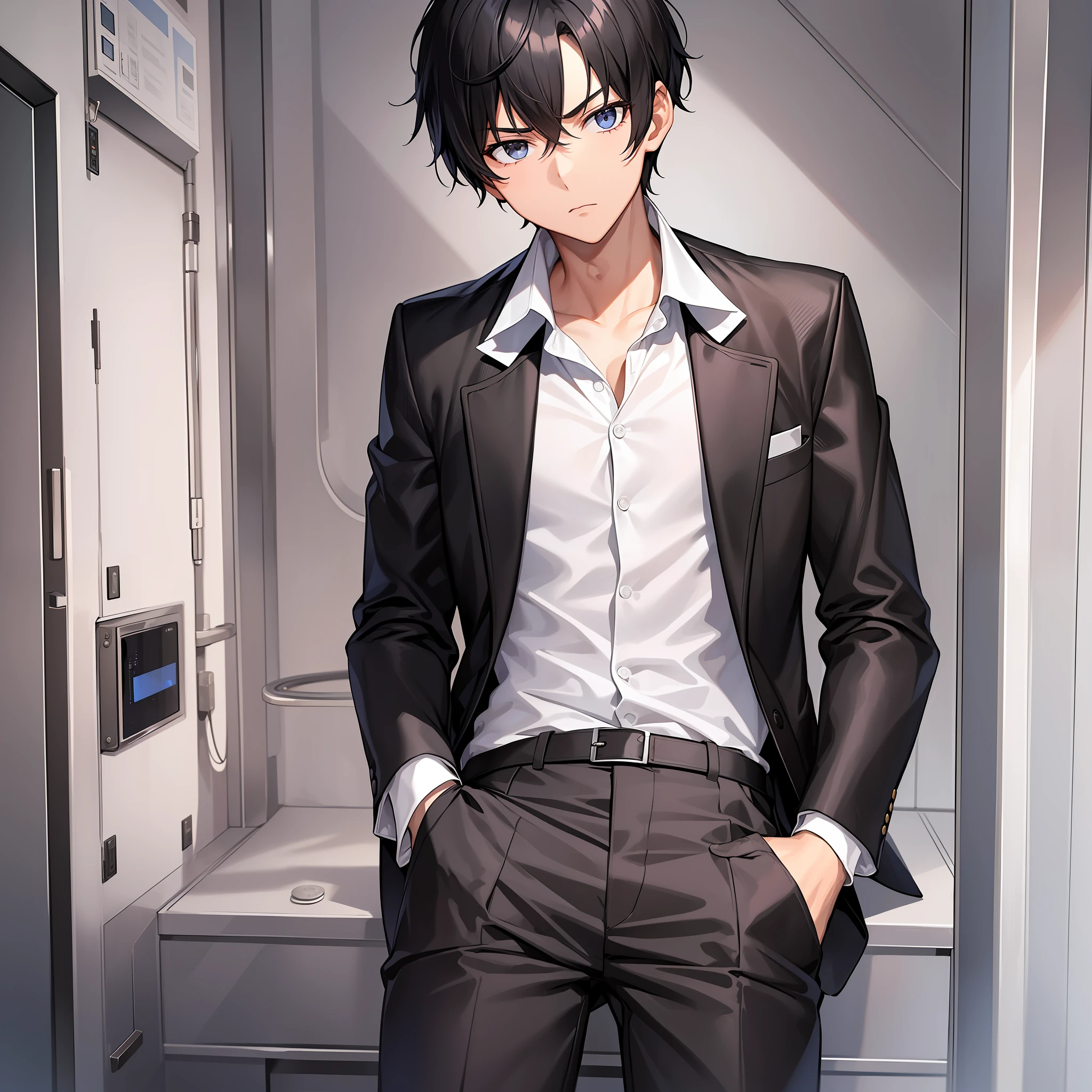 A boy, young, black hair, short hair, serious face, Room with money, white shirt, black pants, black gloves