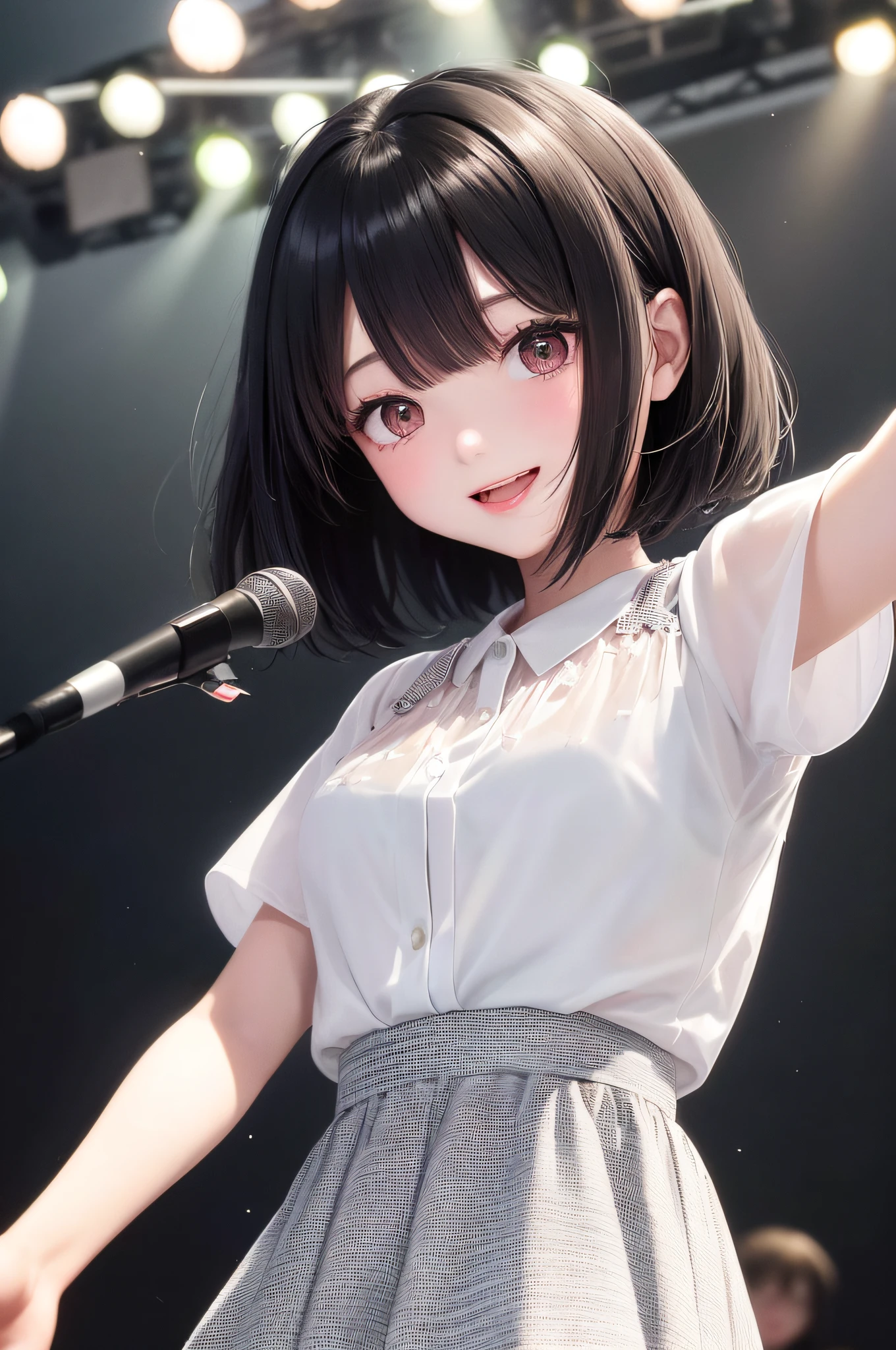 Top quality, Japan female idol, dainty, 20 years old, black hair, short hair, big eyes, small face, cute, smile, cute, beautiful girl, idol style, dynamism, round face, beautiful older sister, one ear sticking out, slightly blushing, neat young lady, texture close to live action, expression that suppressed joy, mouth bigger, hair shorter, hair fluttering in the wind, 10 heads, beauty, Outer honeymoon short hair, short wolf, hanging eyes, portrait, solo shot, idol style costume, see-through, separate, slit eyes, girlfriend feeling, light blue clothes, glitter, skirt, concert, singing with microphone, live house