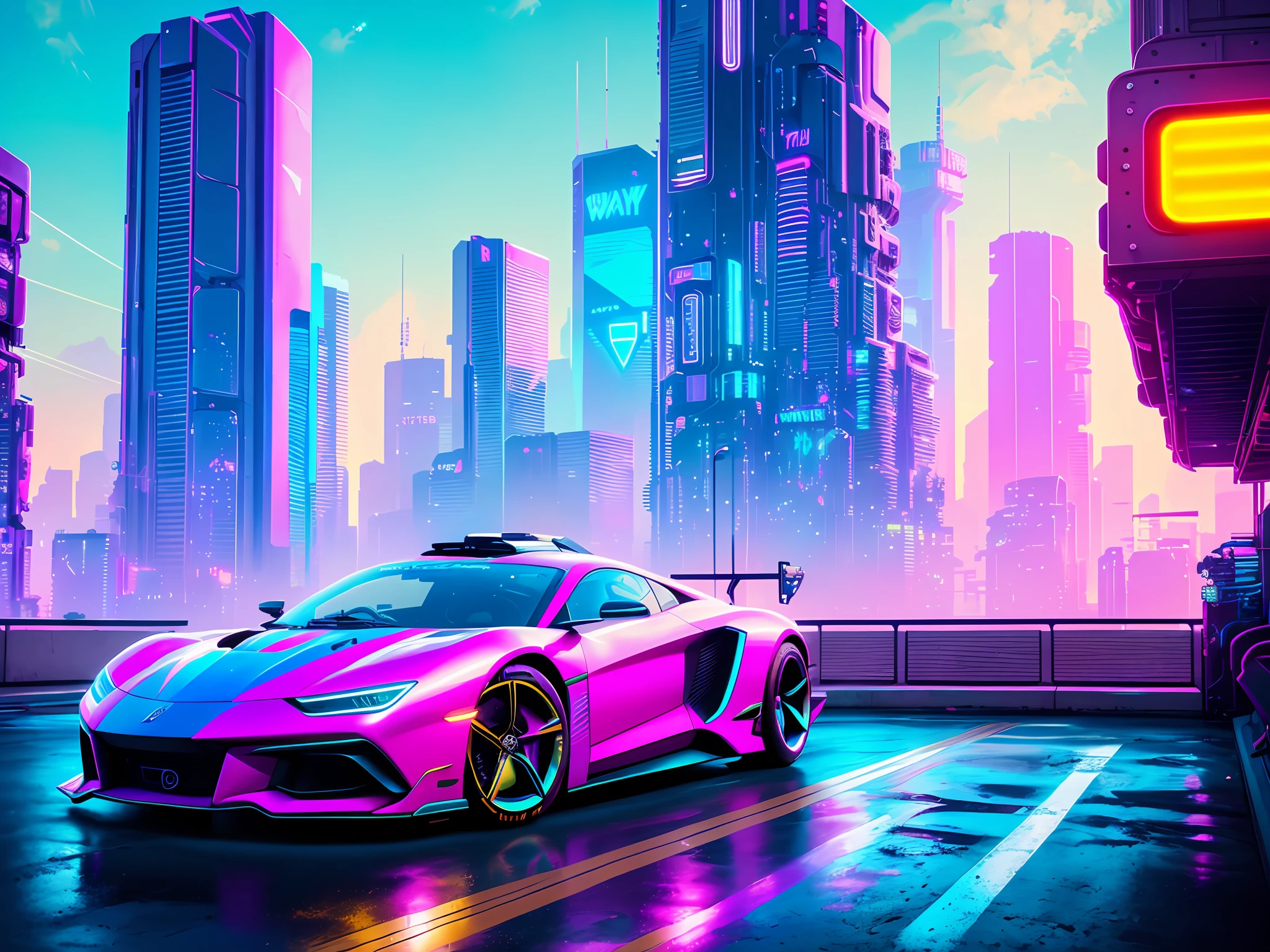 swpunk, synthwave, paint splatters, (extremely detailed 8k wallpaper), a medium shot photo of a futuristic concept car parked in an elaborate cyberpunk city, ray tracing, detailed reflections, Intricate, High Detail, dramatic, best quality masterpiece, photorealistic, detailed, 8k, HDR, backlighting, bloom, light sparkles, chromatic aberration, sharp focus