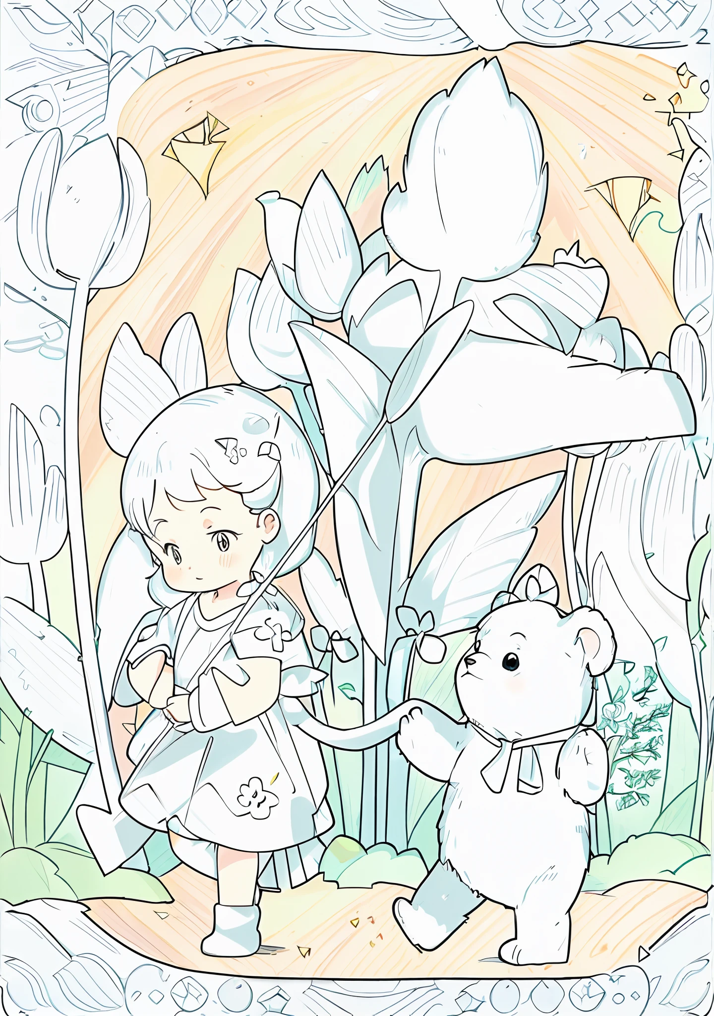 coloring page of a girl and a dog in a garden, line art!!, color page, clean lineart, detailed fanart, clean anime outlines, stylized linework, clean lineart and flat color, official fanart, line sketch!!, soft coloring, line art colouring page, outline drawing, thick lineart, official illustration, simple lineart
