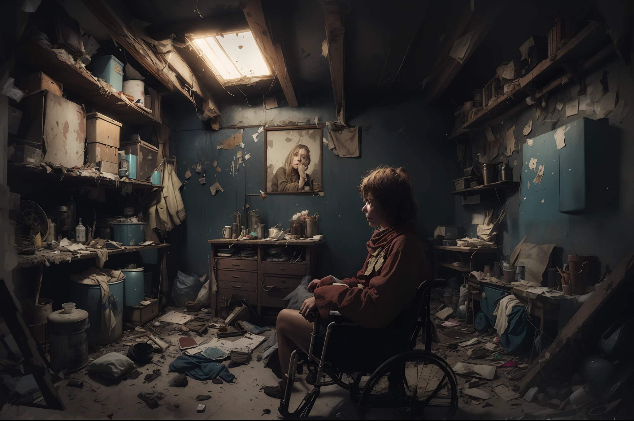 Beautiful woman in wheelchair sitting in a room with a lot of rubbish, in a desolate abandoned house, realistic dark concept art, by Adam Maczynski, Alexander Gilimsky, Alexander Kobzd, Ludwik Konazewski, in an old house. Ultra-realistic