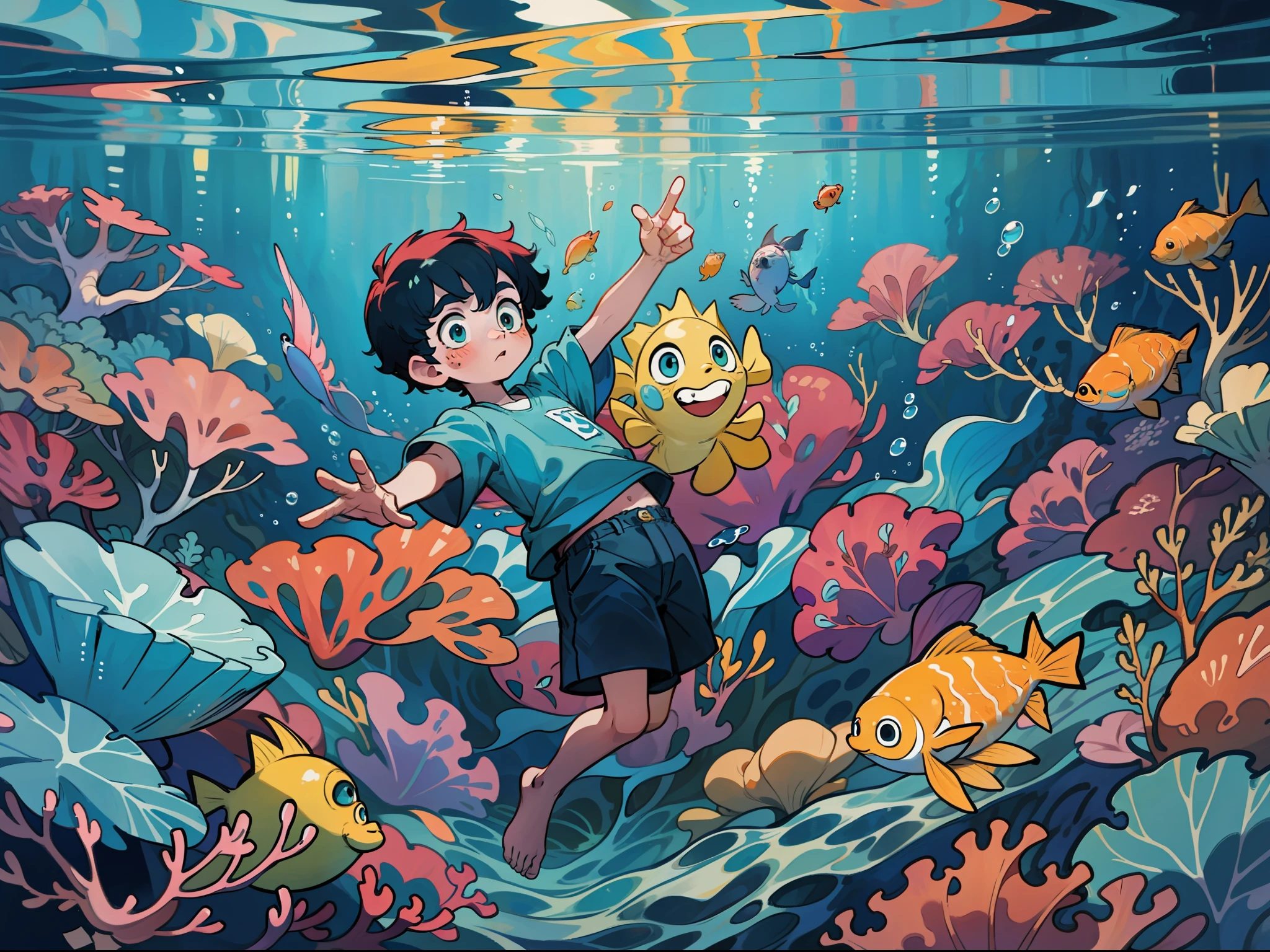 In the deep sea, the little boy swims at the bottom of the sea, the little boy wears short-sleeved shorts, his head is below and his feet are above, pointing to the bottom of the sea, looking for objects, there is a beautiful natural world on the seabed, corals, seaweeds, many fish, mysterious creatures, plants, bubbles, beautiful water world, picture book style, colorful, exquisite pictures, masterpieces, high definition